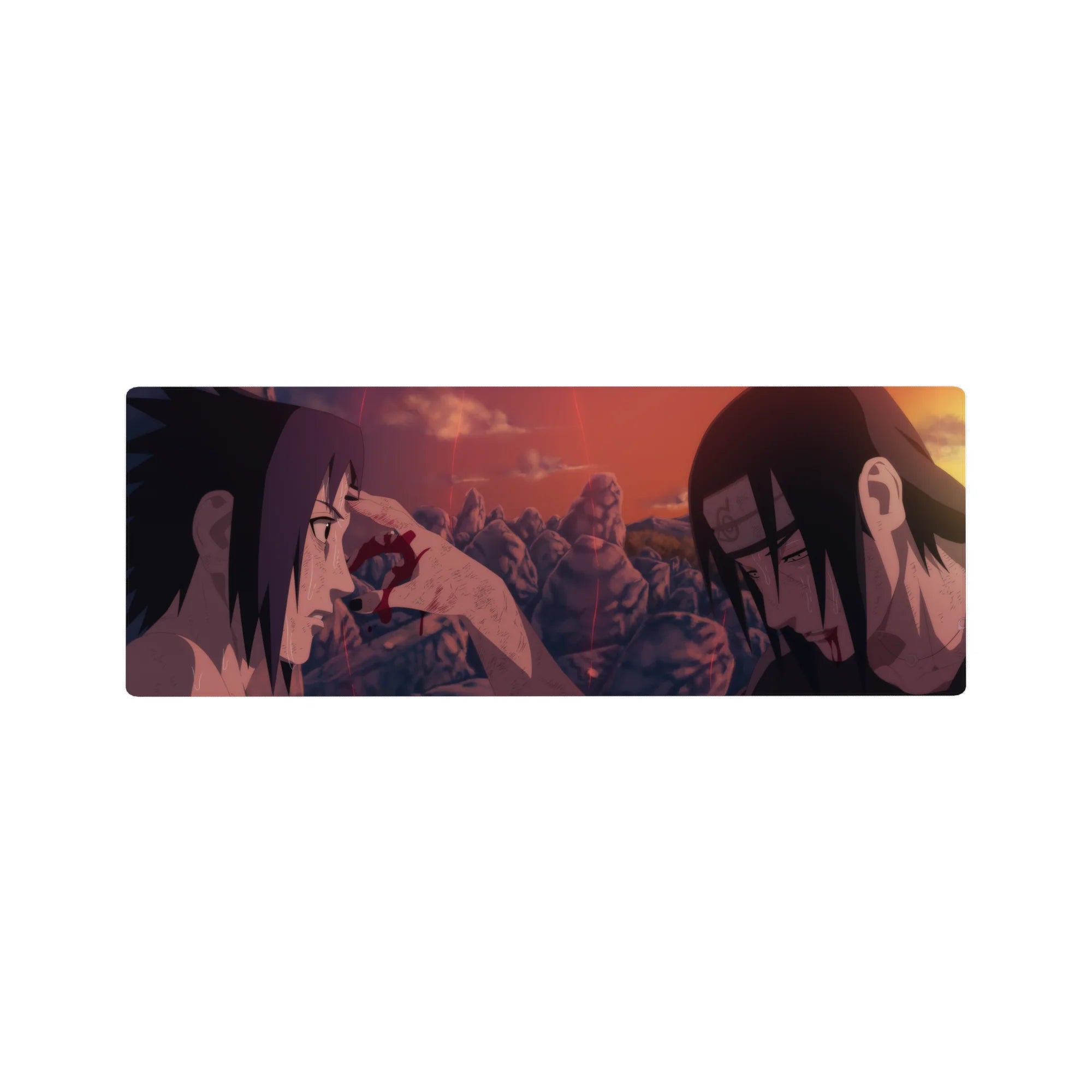 Naruto Shippuden Uchiha brothers sunset scene anime mouse pad, 32x12 inches.