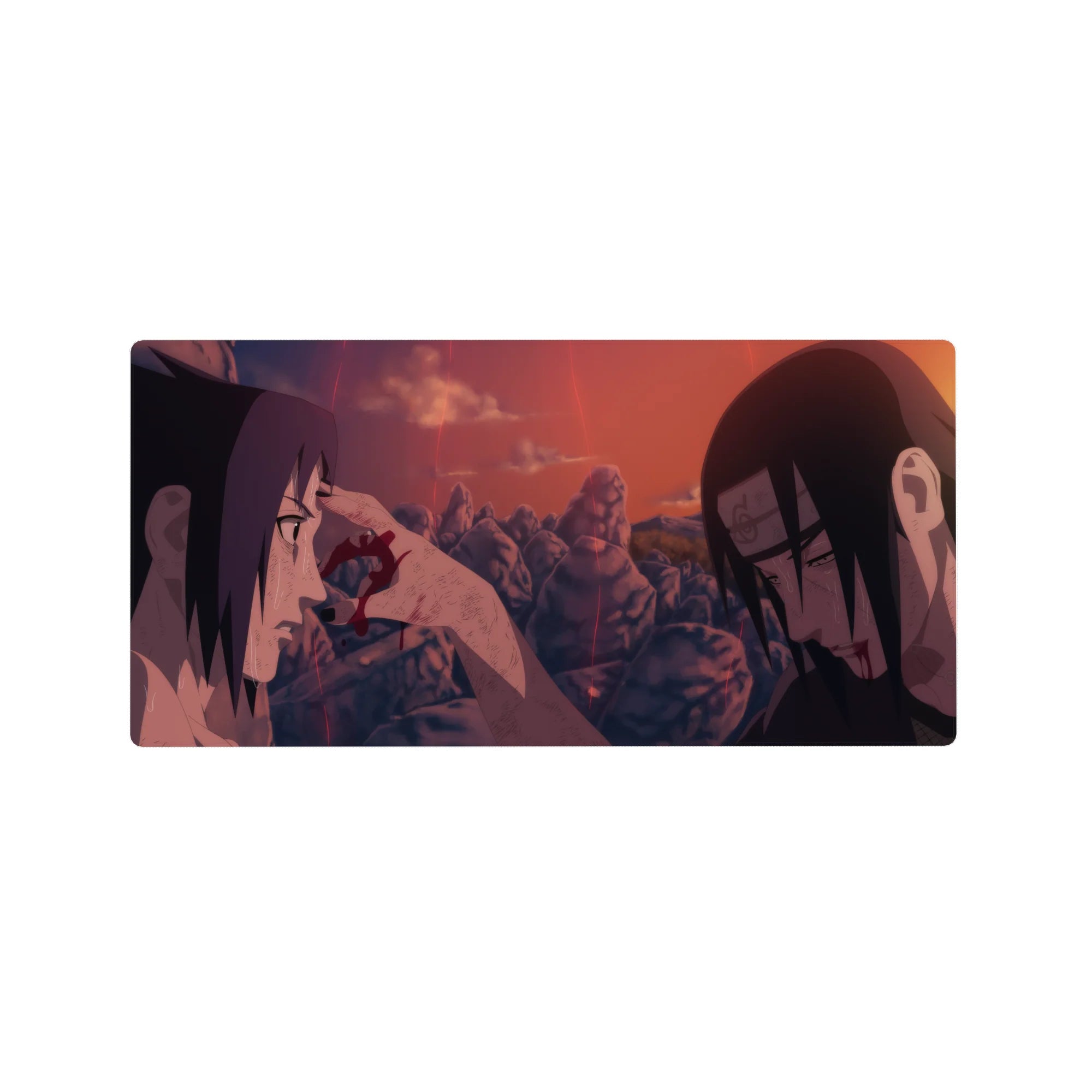 Naruto Shippuden Uchiha brothers anime mouse pad, jagged rocks and sunset sky, 32x16 inches.