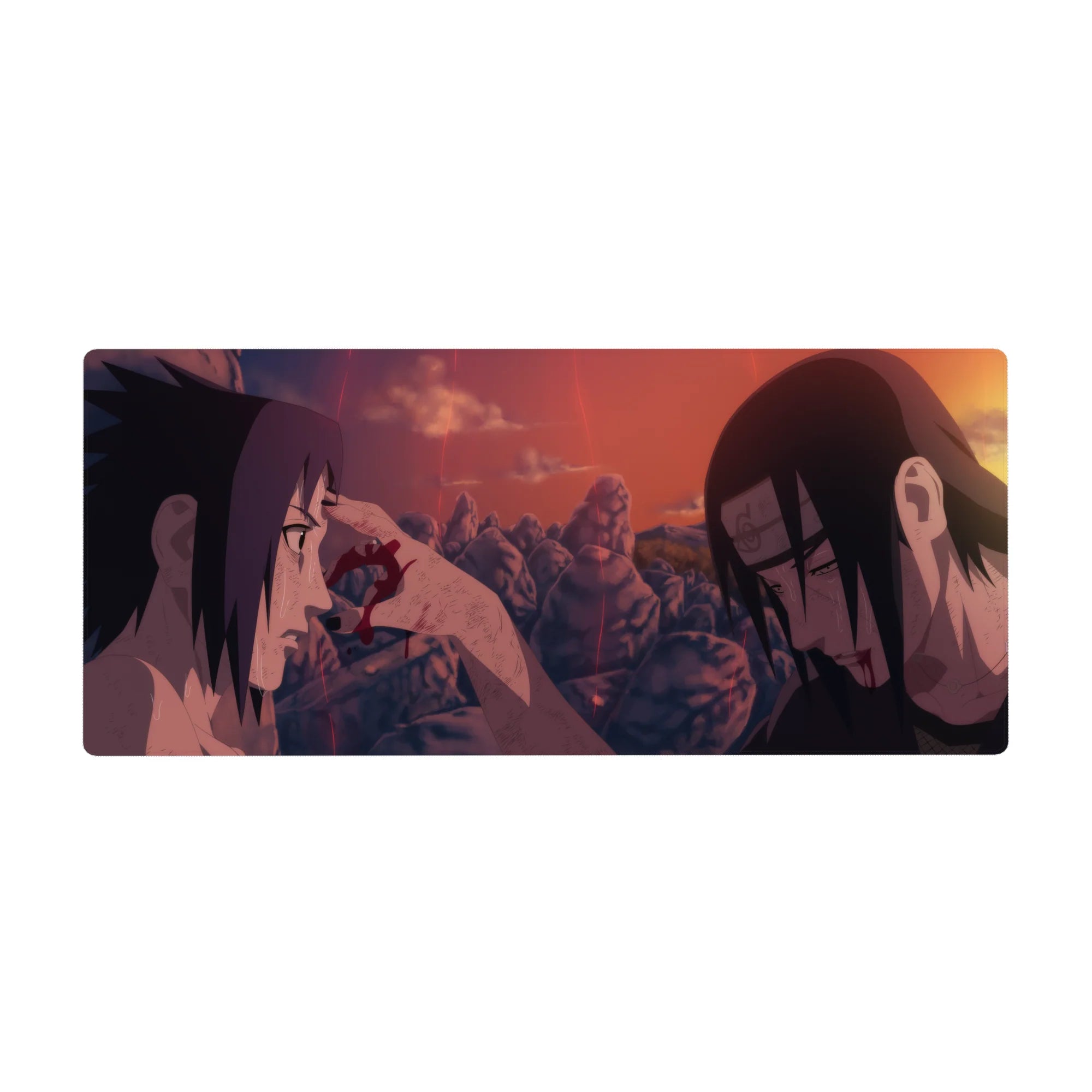 36x16 inches anime desk pad with Uchiha brothers at sunset, jagged rocks and falling spark streaks.