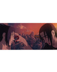 36x16 inches anime desk pad with Uchiha brothers at sunset, jagged rocks and falling spark streaks.