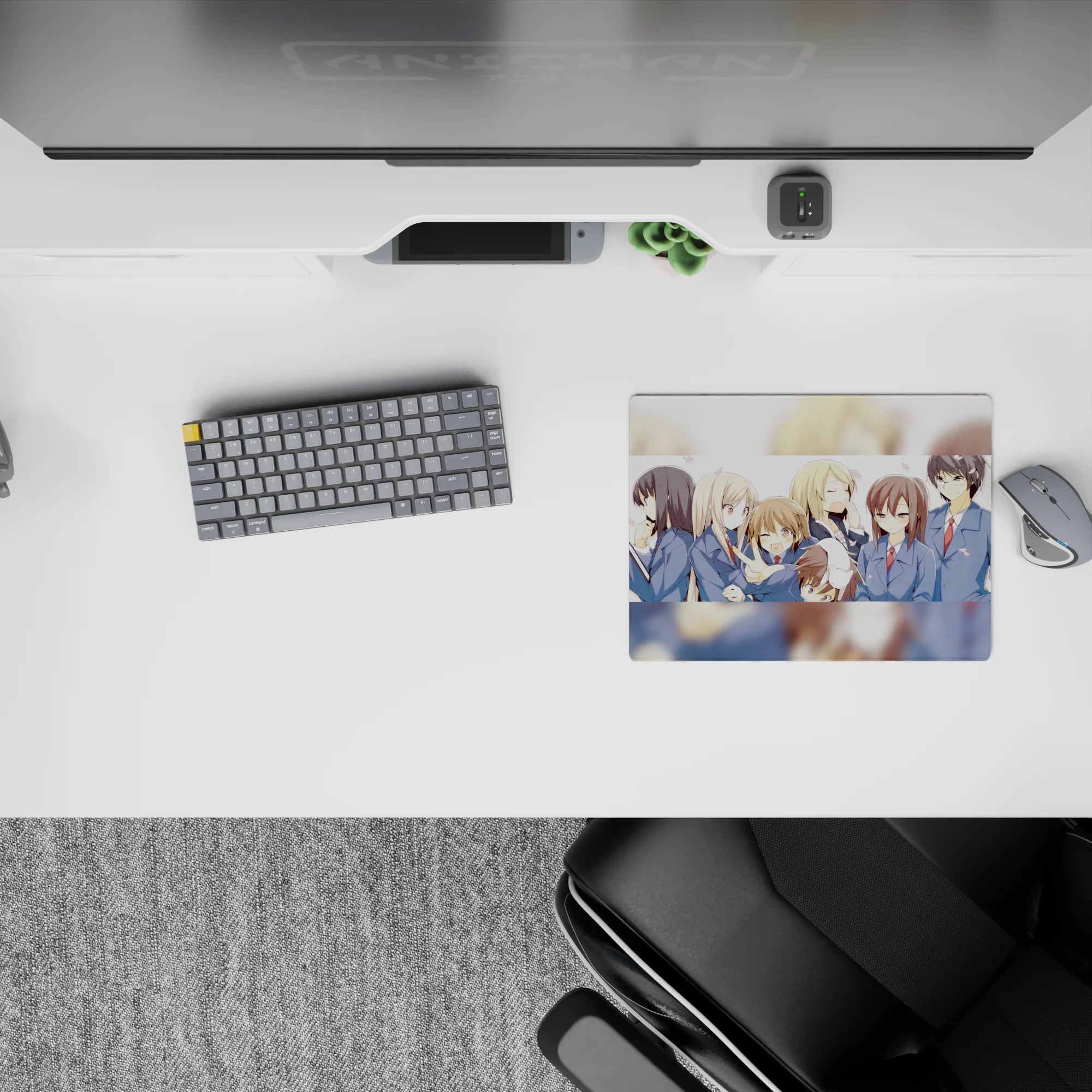 14x10 inches classic anime girl mouse pad in soft blue and white with pink petals, playful cozy vibe.