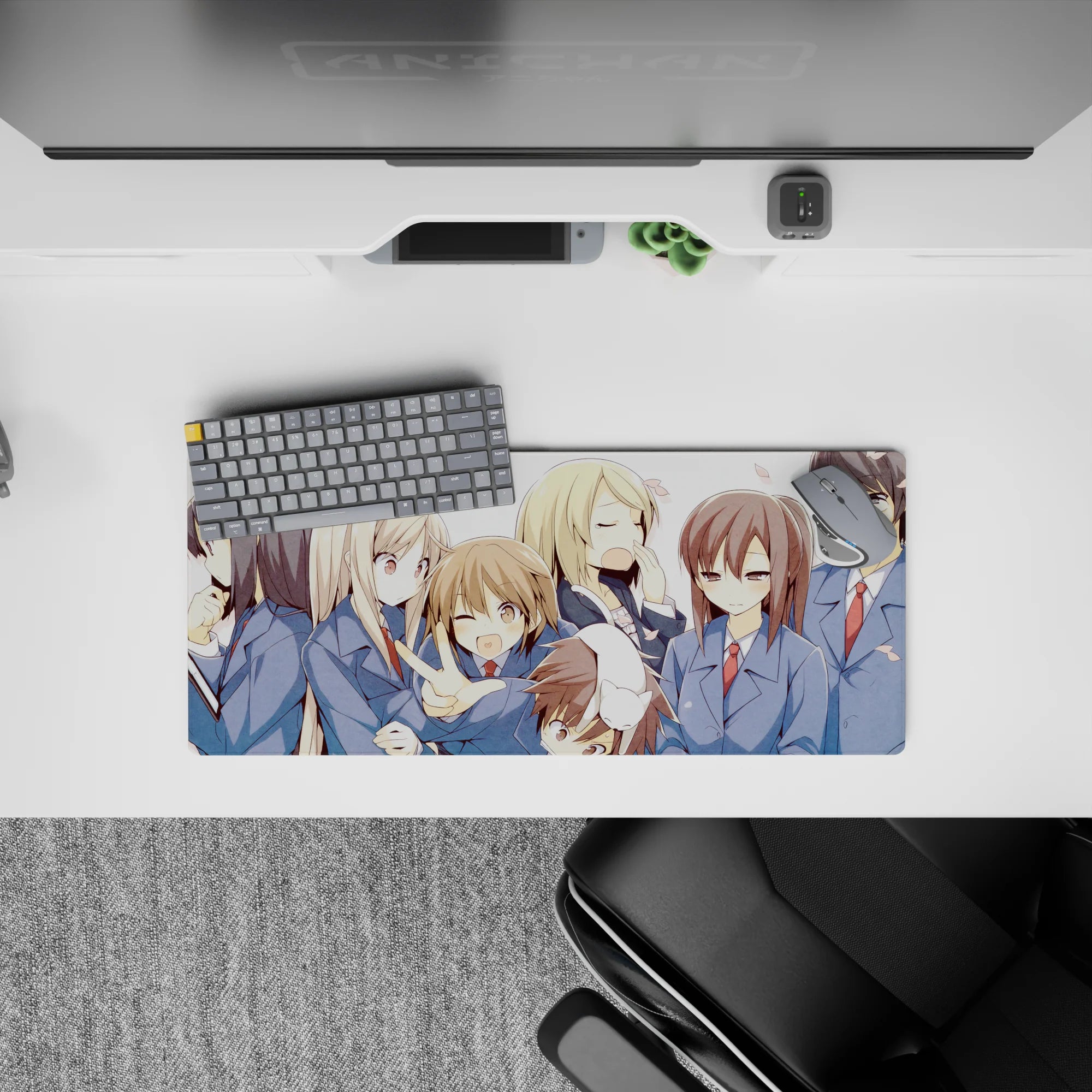 28x12 inches anime girl mouse pad in soft blues and clean white space, playful cozy hallway vibe.