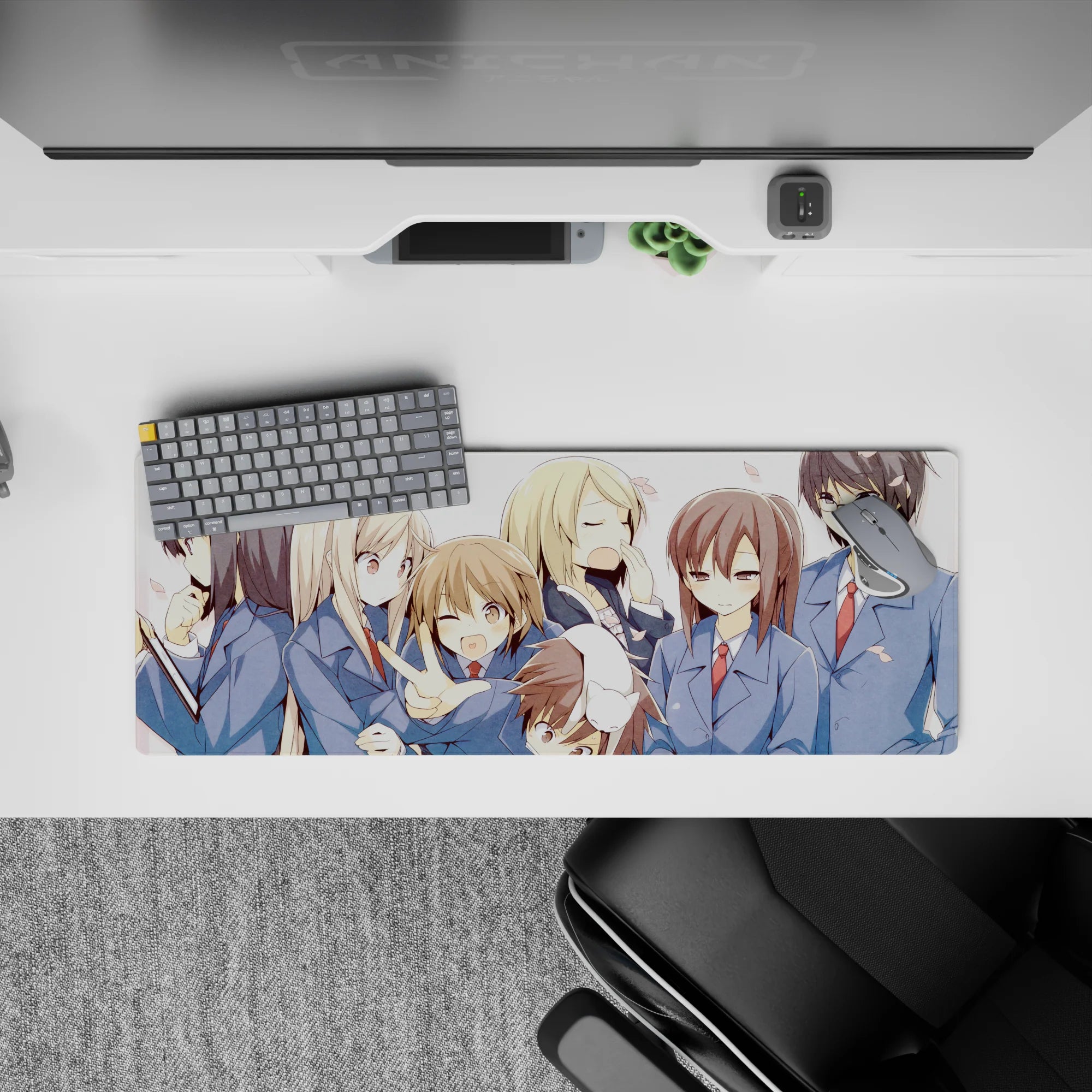 32x12 inches anime girl mouse pad in soft blues and white space, pink petals, playful cozy chaos.