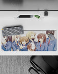 32x12 inches anime girl mouse pad in soft blues and white space, pink petals, playful cozy chaos.
