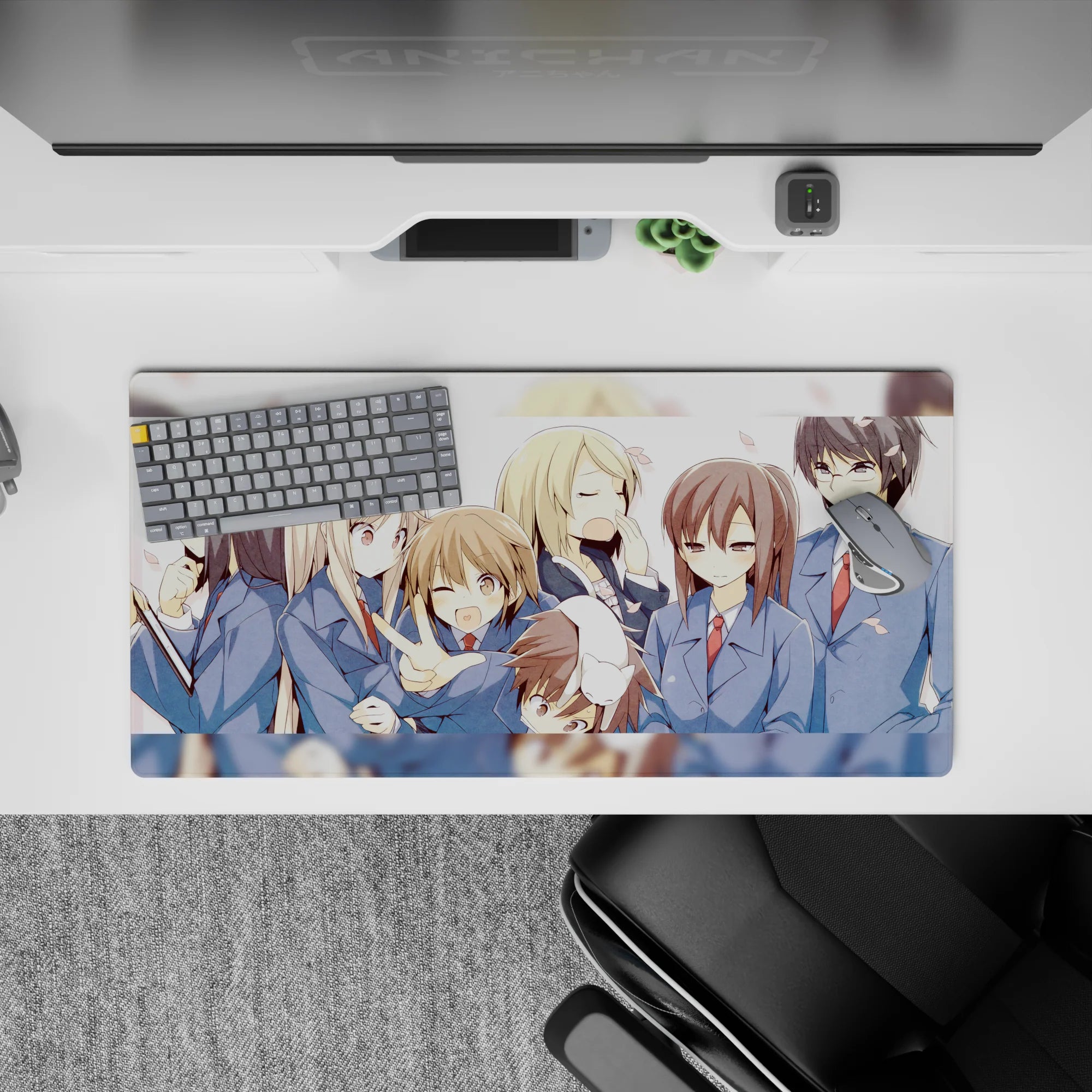 32x16 inches anime girl mouse pad in soft blues and clean white space, cozy playful vibe with drifting petals.