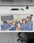 32x16 inches anime girl mouse pad in soft blues and clean white space, cozy playful vibe with drifting petals.