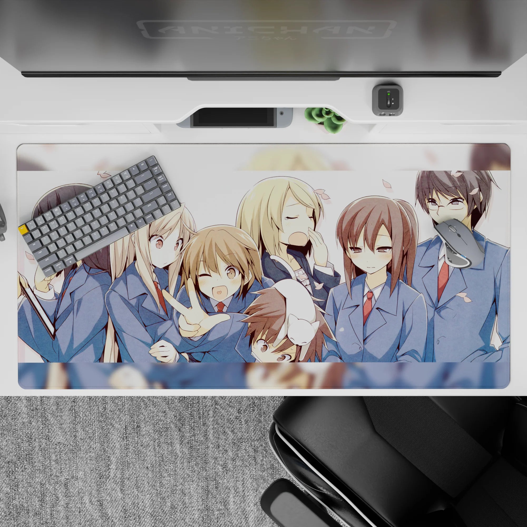 Airy blue-and-white anime desk pad 40x20 inches with pink petals, playful cozy hallway vibe.
