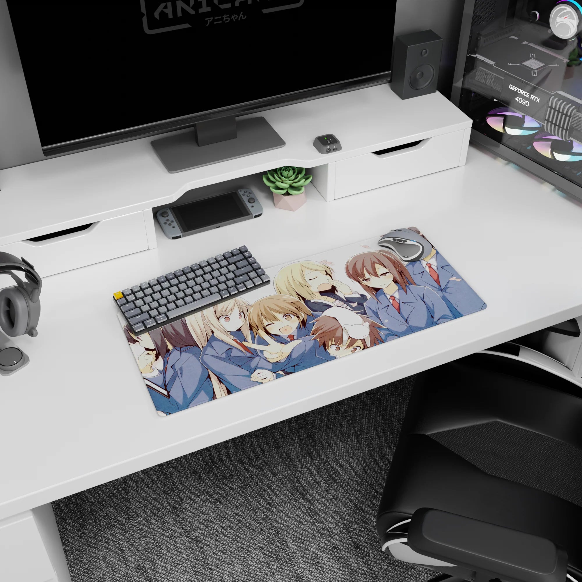 28x12 inches anime girl mouse pad featuring a winking blazer girl flashing a peace sign, friends crowded.