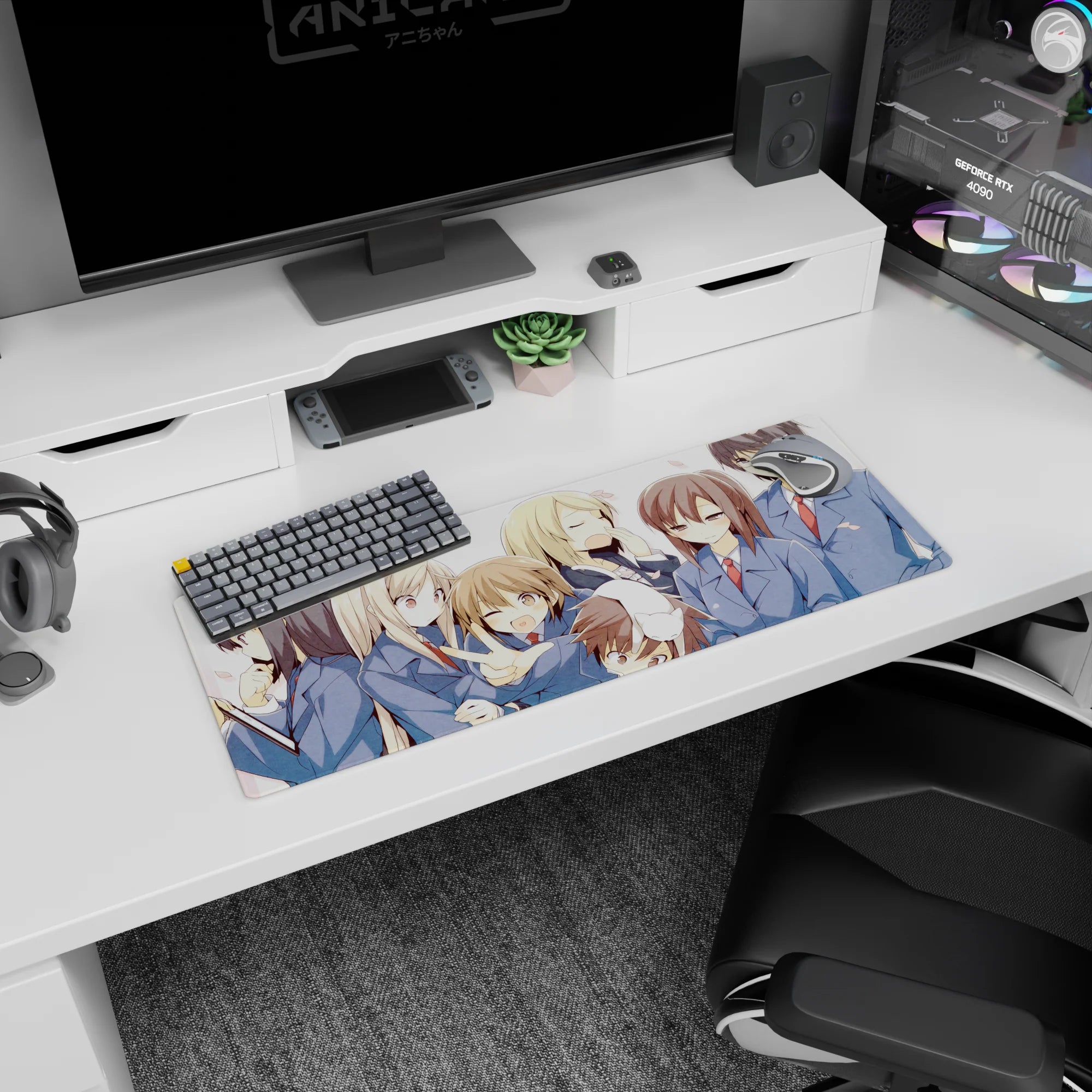 32x12 inches anime girl mouse pad showing uniformed girls crowding together, one winks, one shy smile.