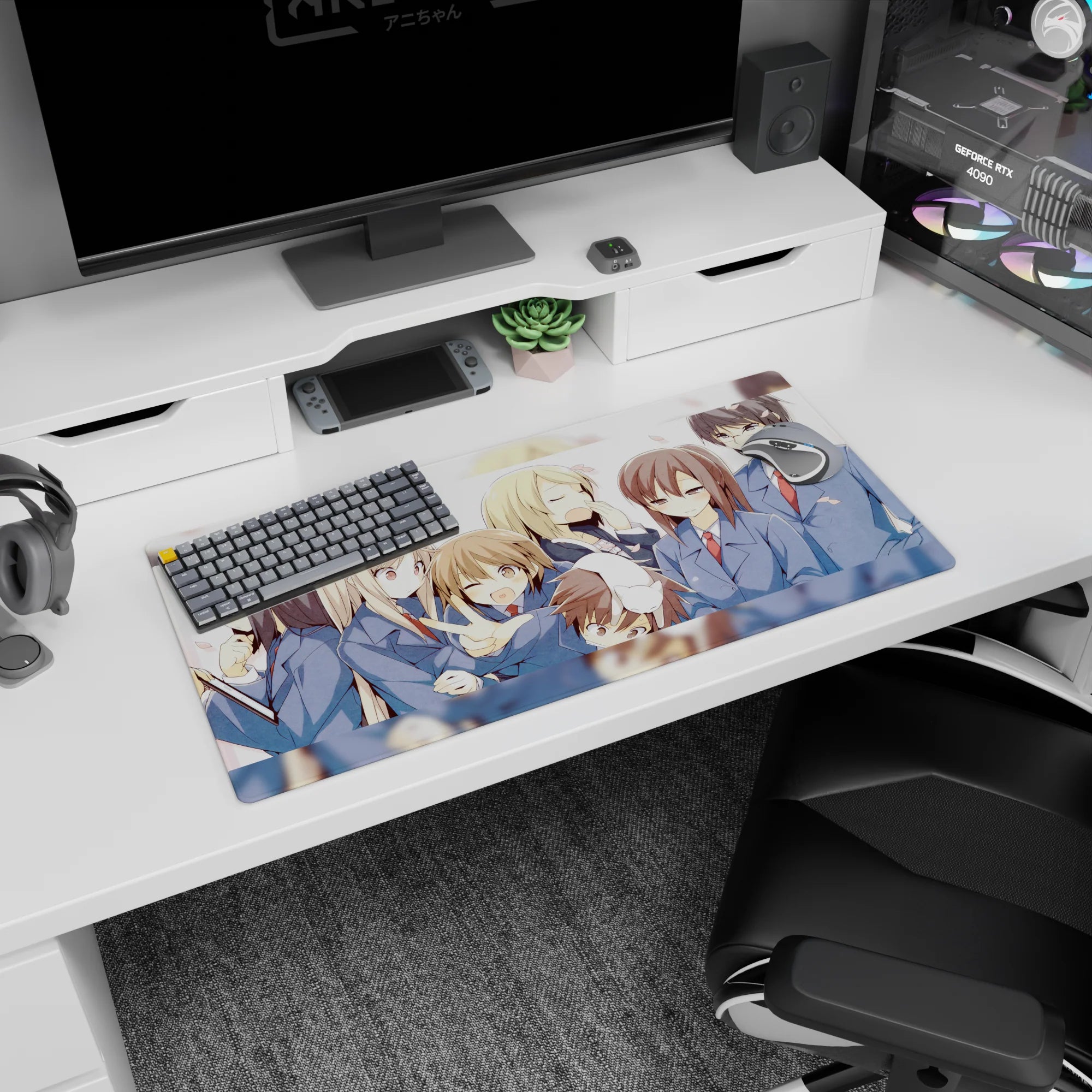 32x16 inches anime girl mouse pad showing uniformed girls crowded together, one winks with a peace sign.