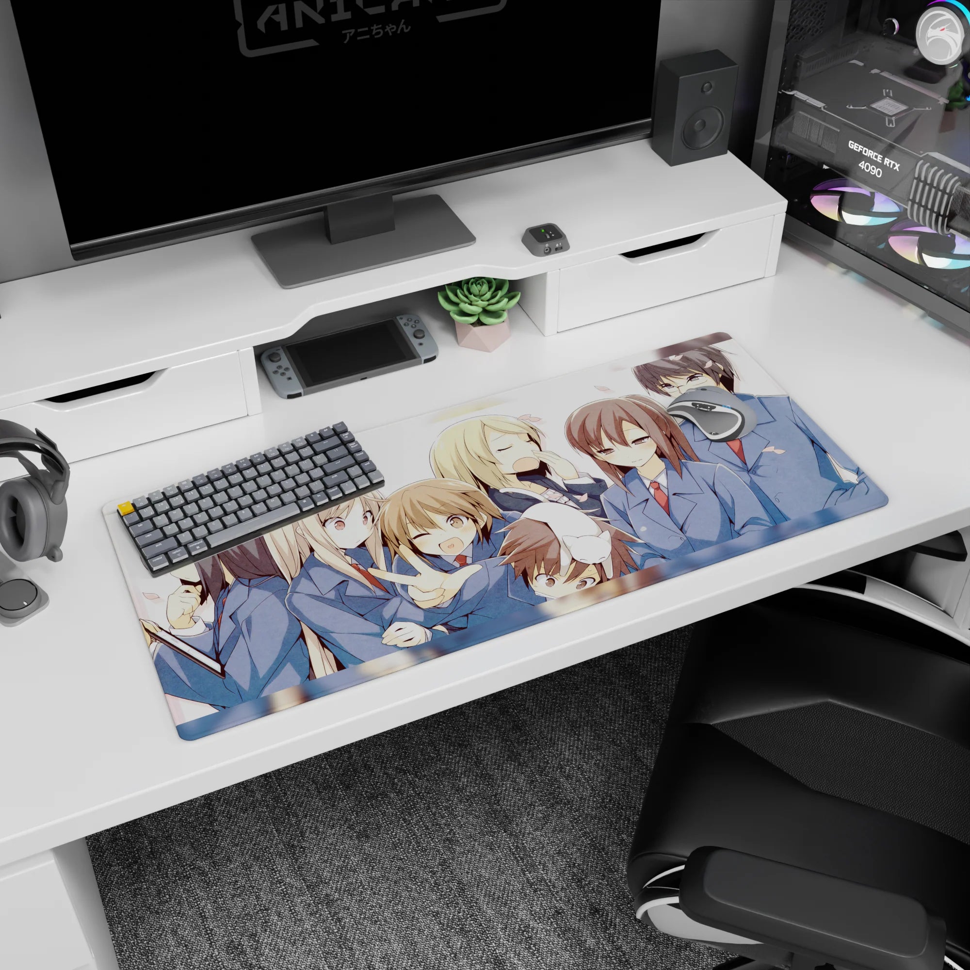 Anime girls in navy blazers and red ties crowd together on desk pad 36x16 inches, shy smile and wink.