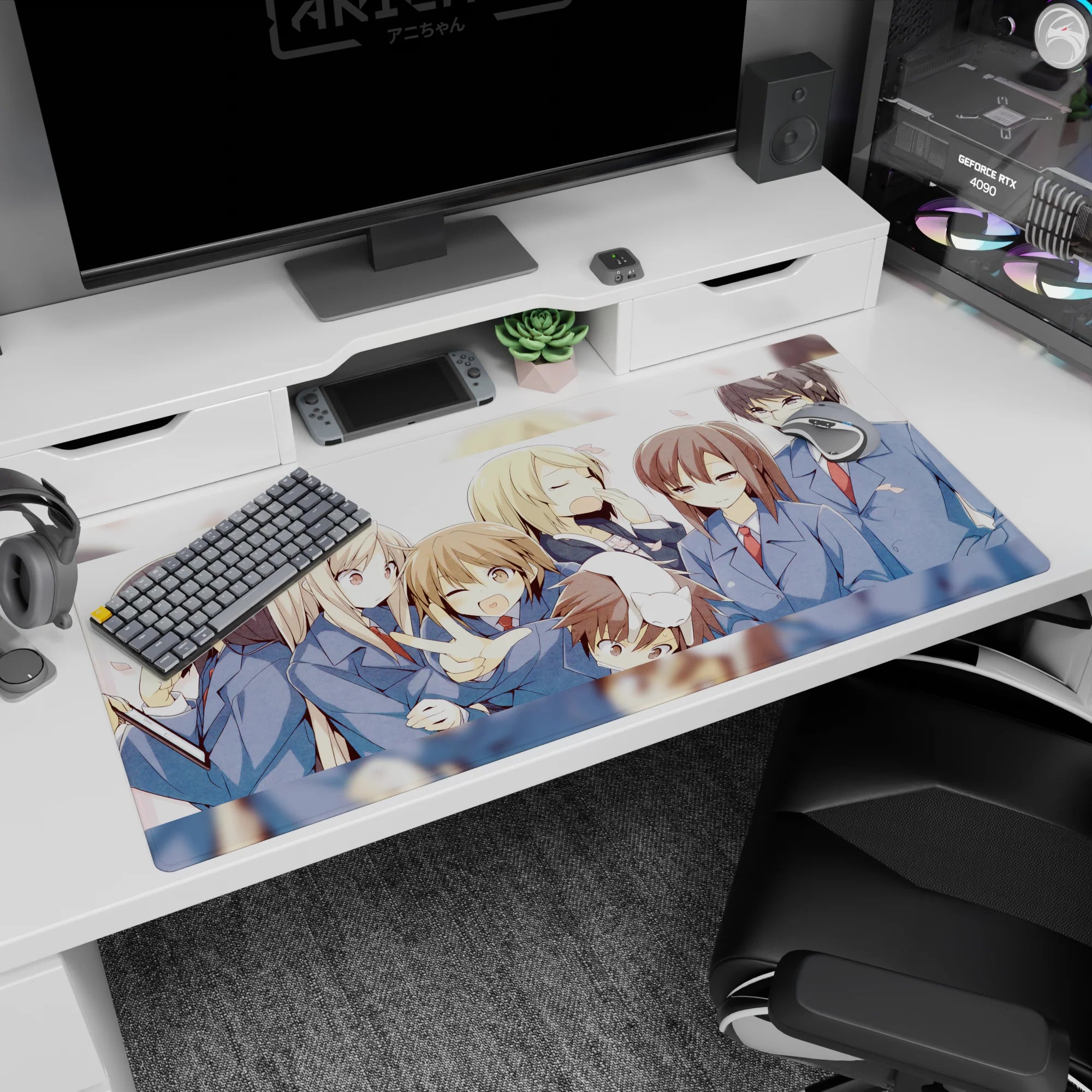 Schoolgirls huddle on anime desk pad 40x20 inches, one winks with peace sign, another shyly covers smile.