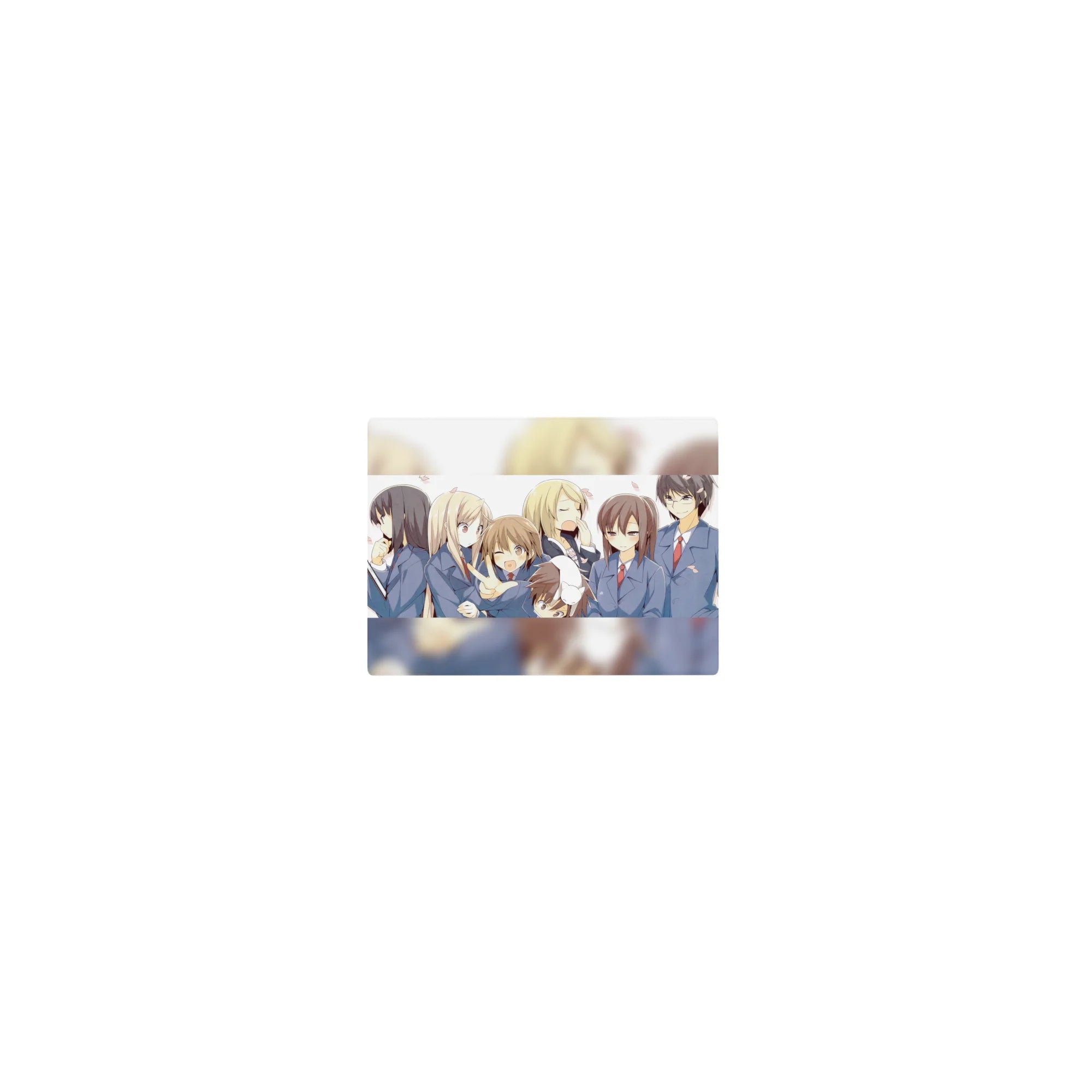 14x10 inches classic anime girl mouse pad with school-uniform squad, petals, wink and peace sign.