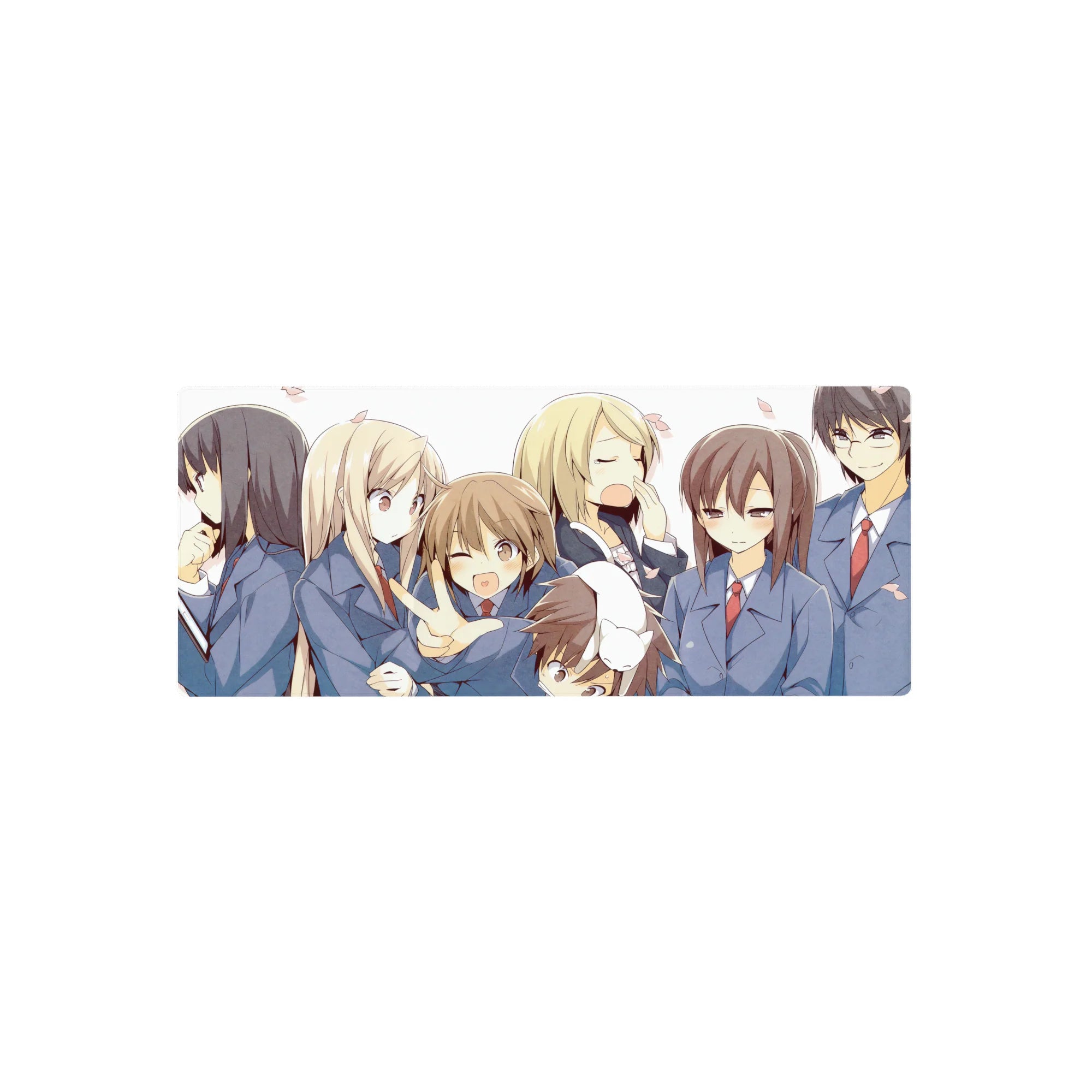 28x12 inches anime girl mouse pad with school-uniform squad, winking peace sign, drifting pink petals.