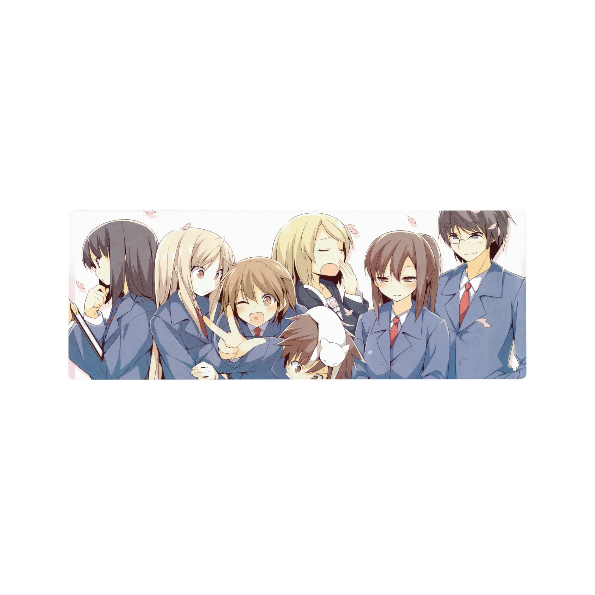32x12 inches anime girl mouse pad with school-uniform friends, wink and peace sign, drifting petals.