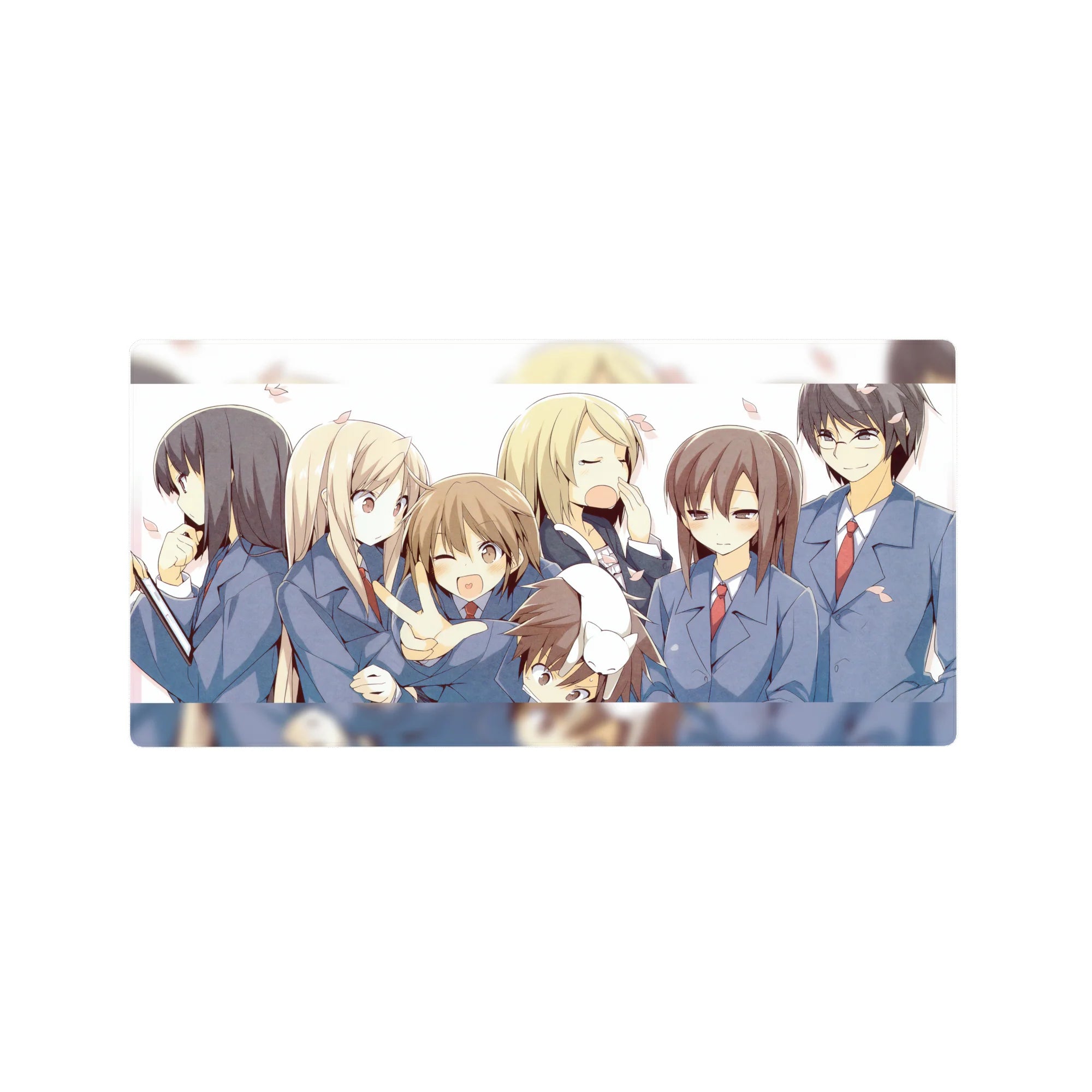 32x16 inches anime girl mouse pad with school-uniform friends, peace sign wink, pink petals, airy scene.