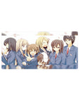 32x16 inches anime girl mouse pad with school-uniform friends, peace sign wink, pink petals, airy scene.