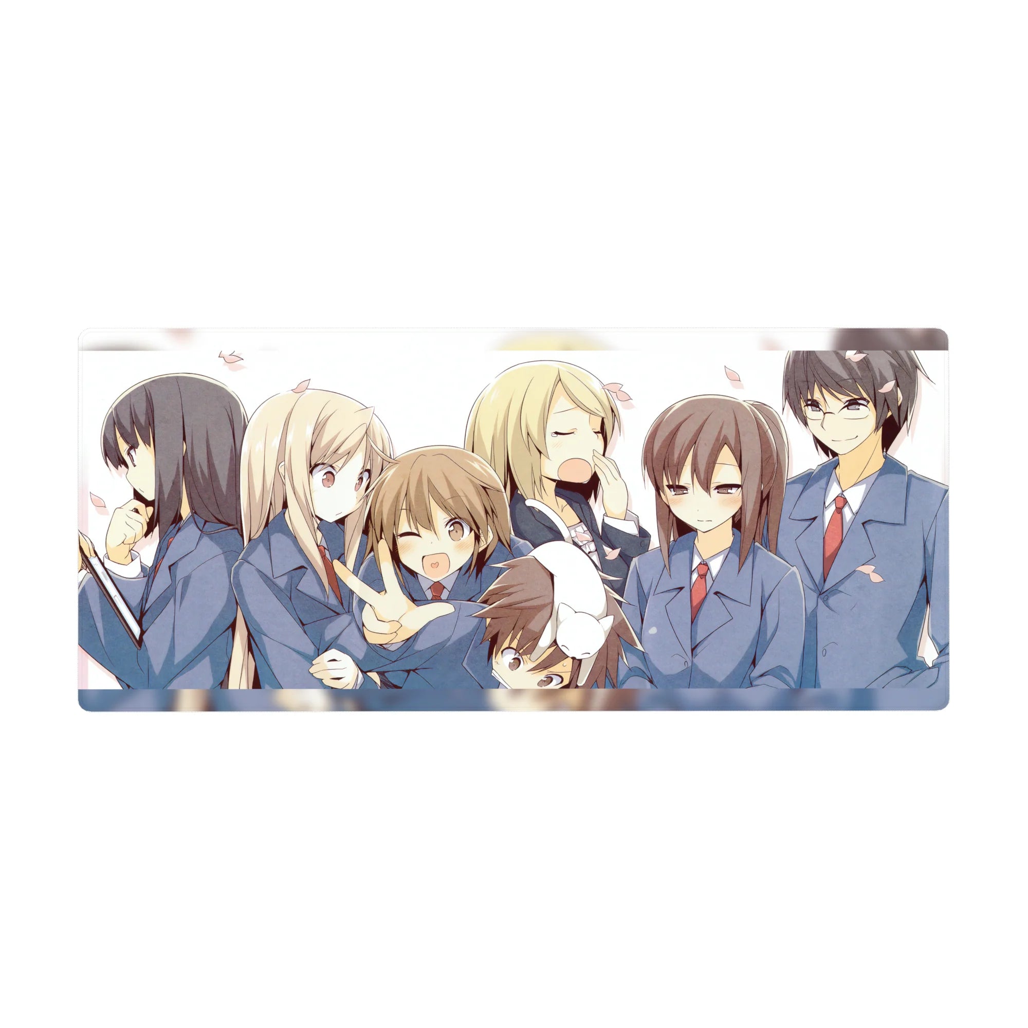 Anime girl desk pad 36x16 inches with school-uniform squad, wink and peace sign, pink petals on blue.