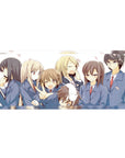 Anime girl desk pad 36x16 inches with school-uniform squad, wink and peace sign, pink petals on blue.