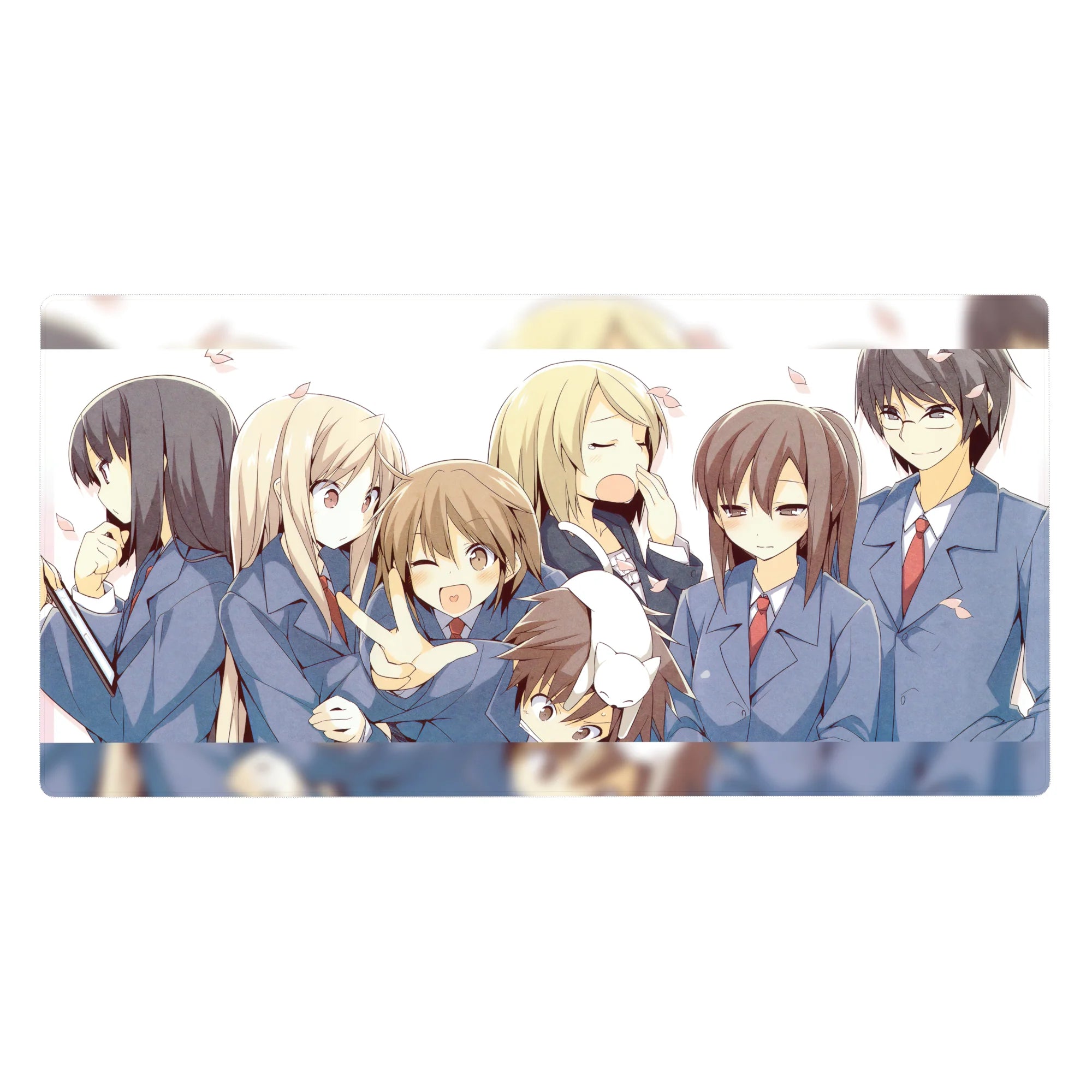 Anime girl desk pad 40x20 inches with school-uniform friends, wink and peace sign, drifting petals.
