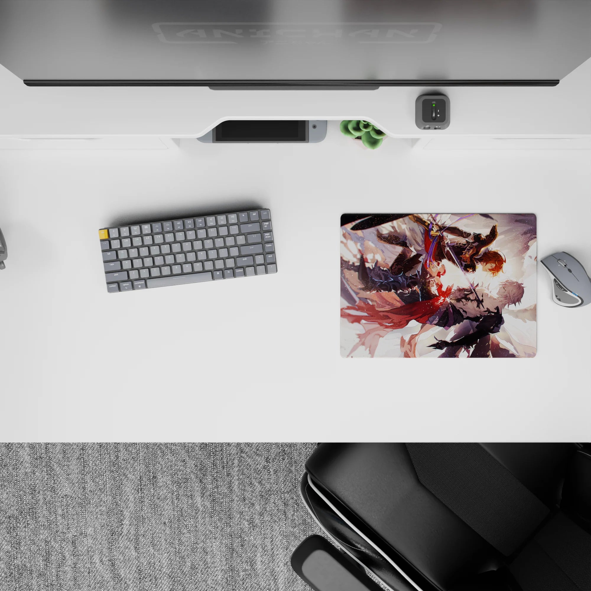 Steel-blue and warm orange anime mouse pad 14x10 inches, dark armor, red scarf ribbons, stormy high-energy mood.
