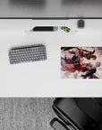 Steel-blue and warm orange anime mouse pad 14x10 inches, dark armor, red scarf ribbons, stormy high-energy mood.