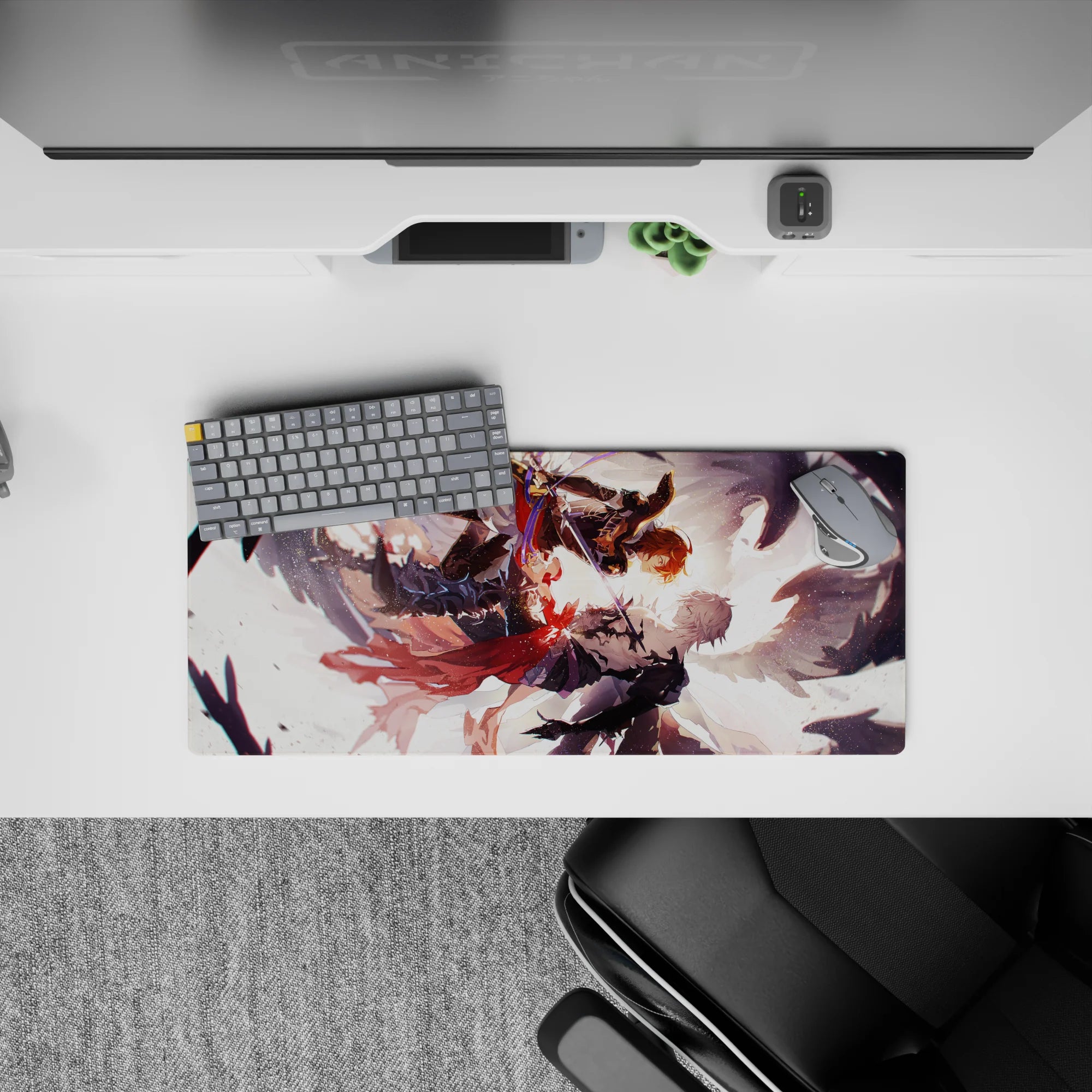 28x12 inches anime mouse pad in warm orange glow over dark armor, red scarf ribbons, stormy shadows.