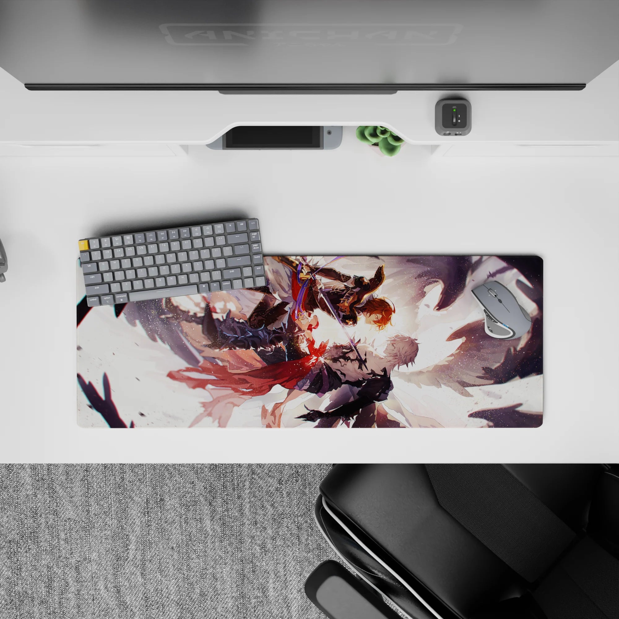 Anime mouse pad 32x12 inches in warm glow with dark armor, red scarf accents, stormy shadows.