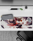 Anime mouse pad 32x12 inches in warm glow with dark armor, red scarf accents, stormy shadows.