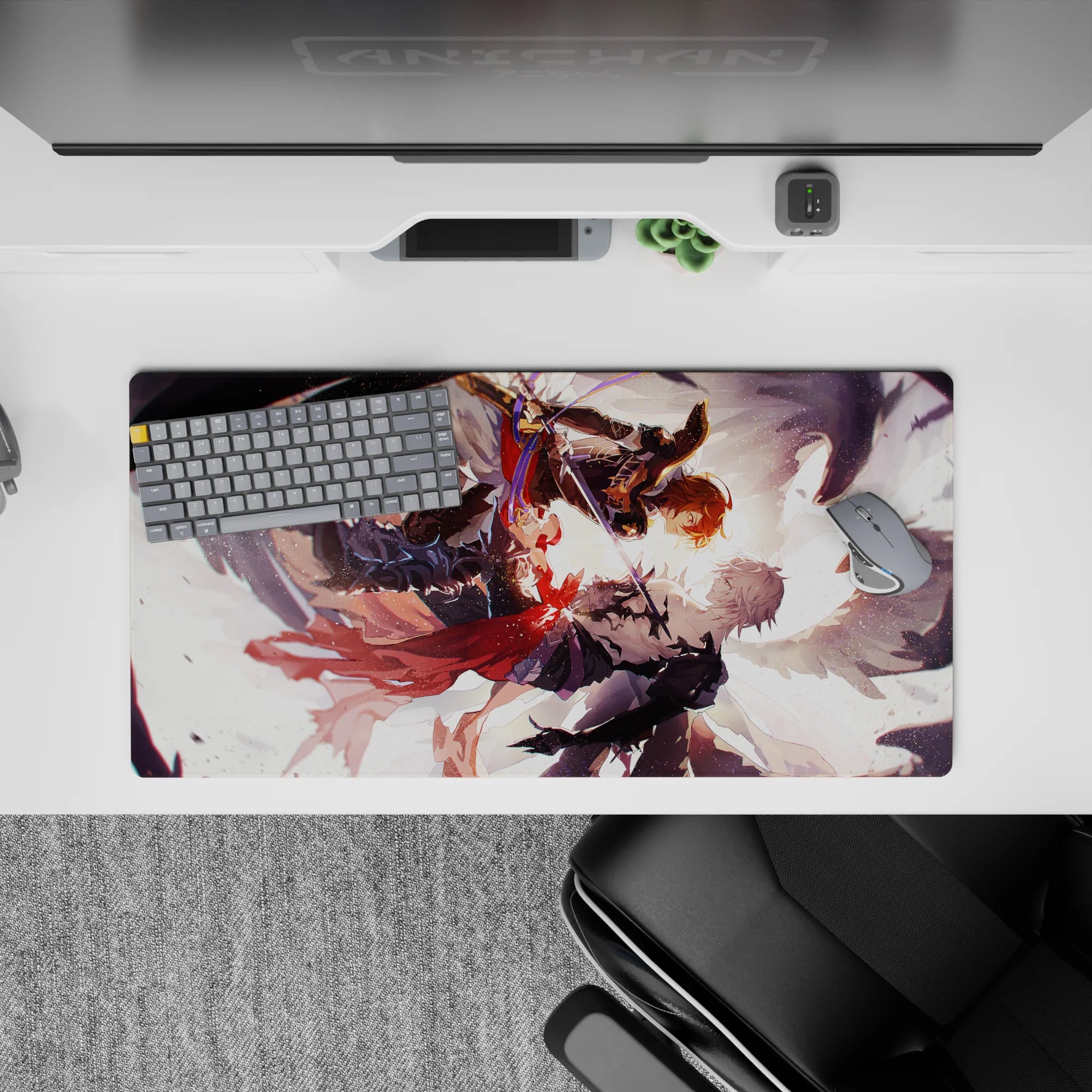 32x16 inches anime mouse pad in warm orange glow vs dark armor, red scarf streaks, and stormy shadows.
