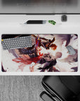 32x16 inches anime mouse pad in warm orange glow vs dark armor, red scarf streaks, and stormy shadows.