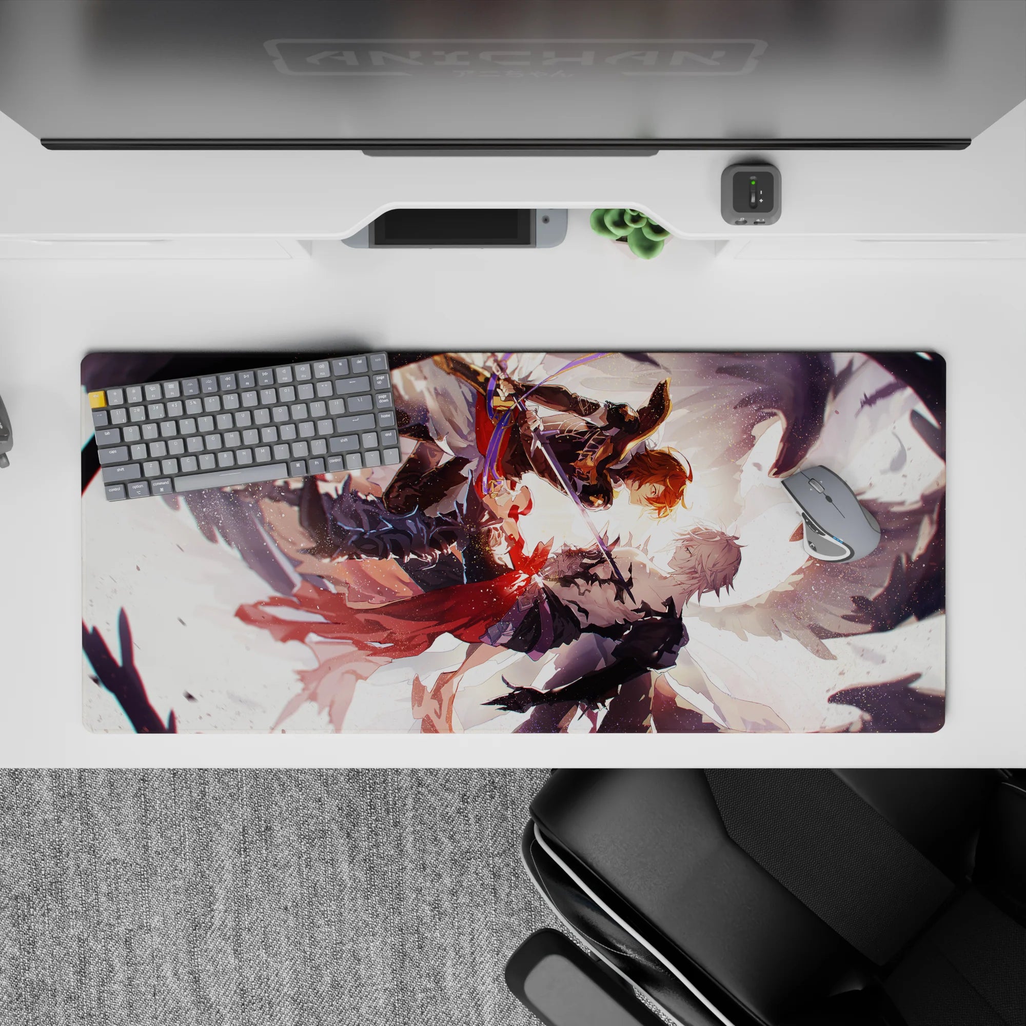 36x16 inches anime desk pad in warm orange glow with dark armor, red scarf ribbons, stormy vibe.