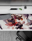 36x16 inches anime desk pad in warm orange glow with dark armor, red scarf ribbons, stormy vibe.