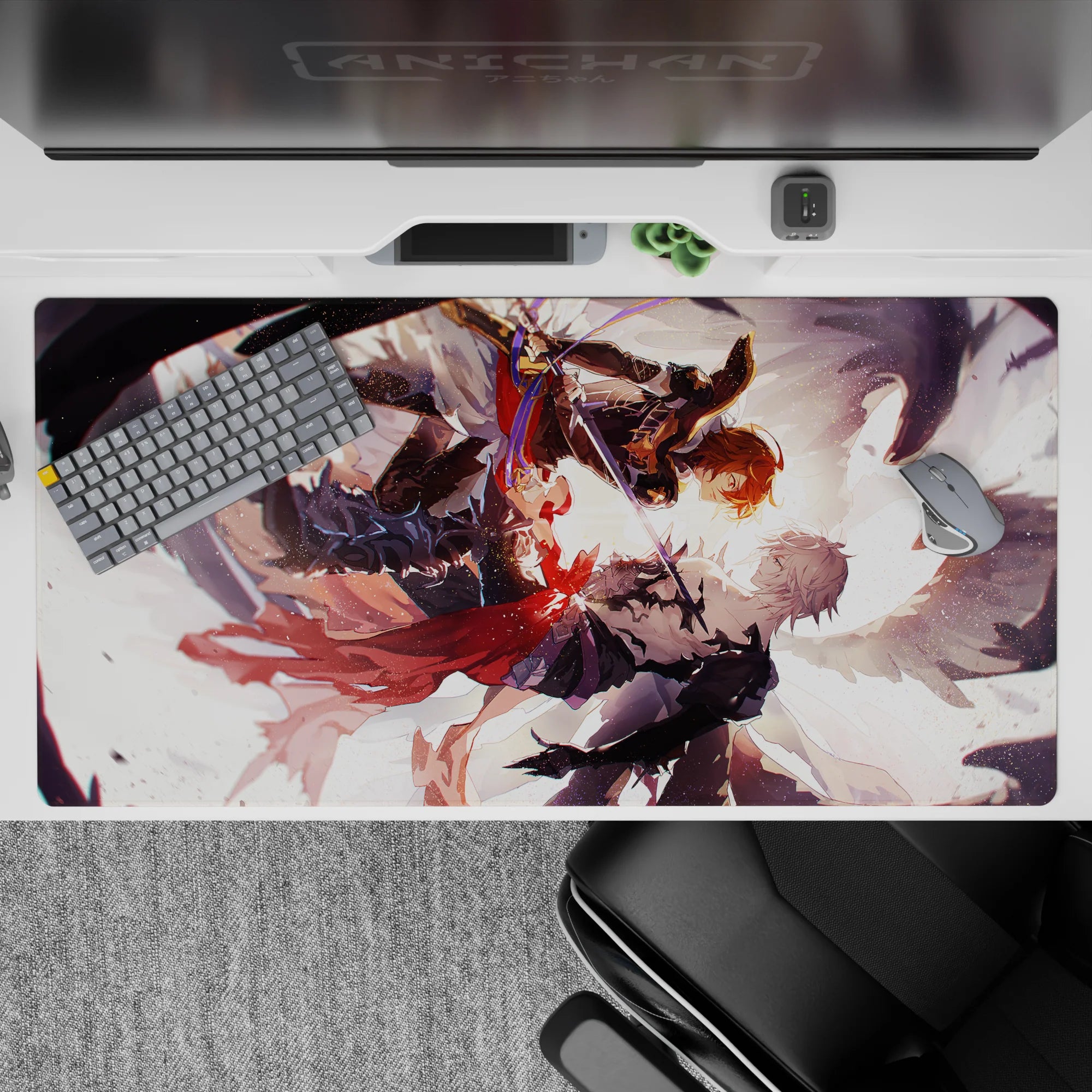 40x20 inches anime desk pad in warm orange glow, dark armor blues, red scarf ribbons, and stormy shadows.