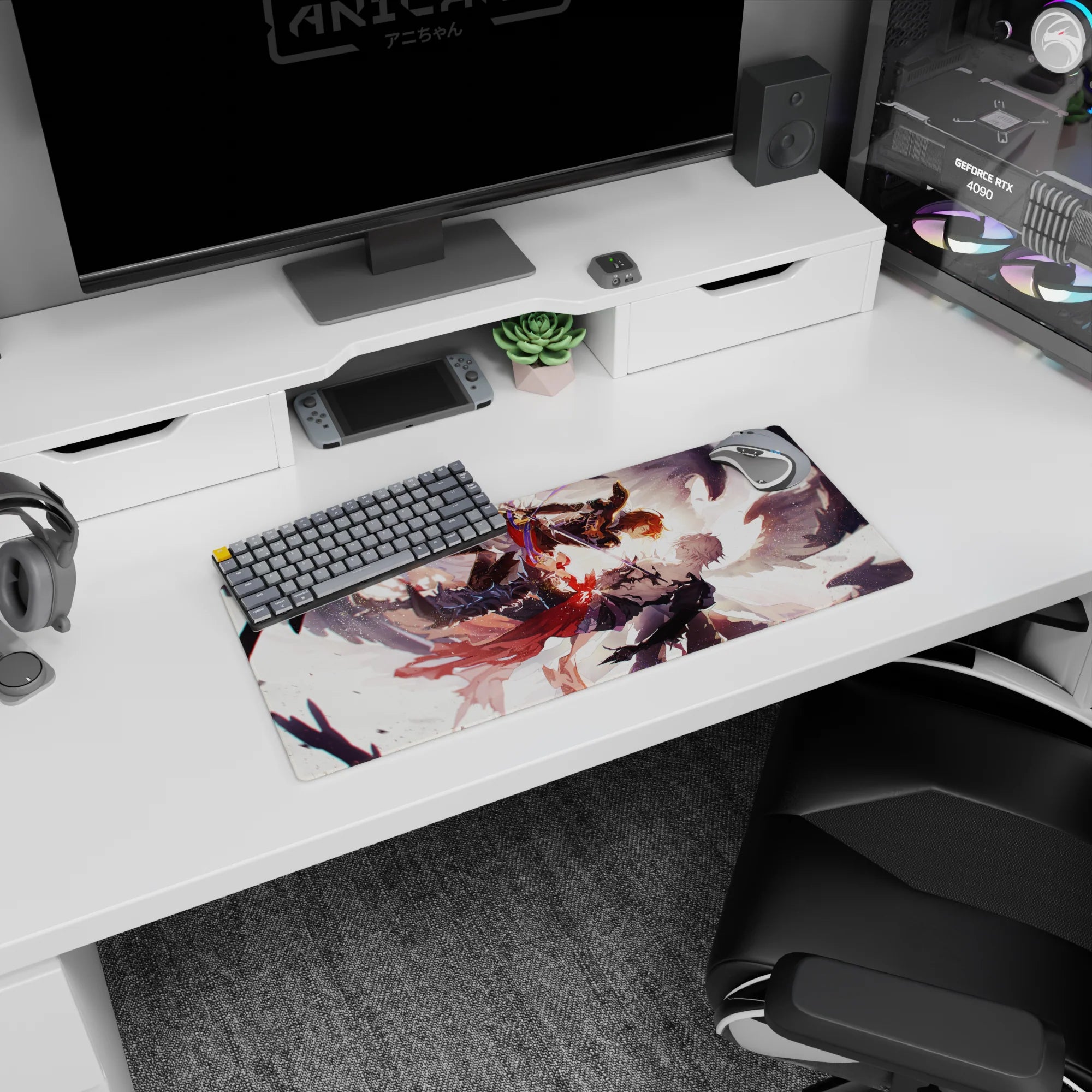 28x12 inches anime mouse pad showing orange-haired fighter vs silver-haired rival, blades crossed, white wings.