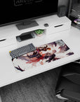 28x12 inches anime mouse pad showing orange-haired fighter vs silver-haired rival, blades crossed, white wings.