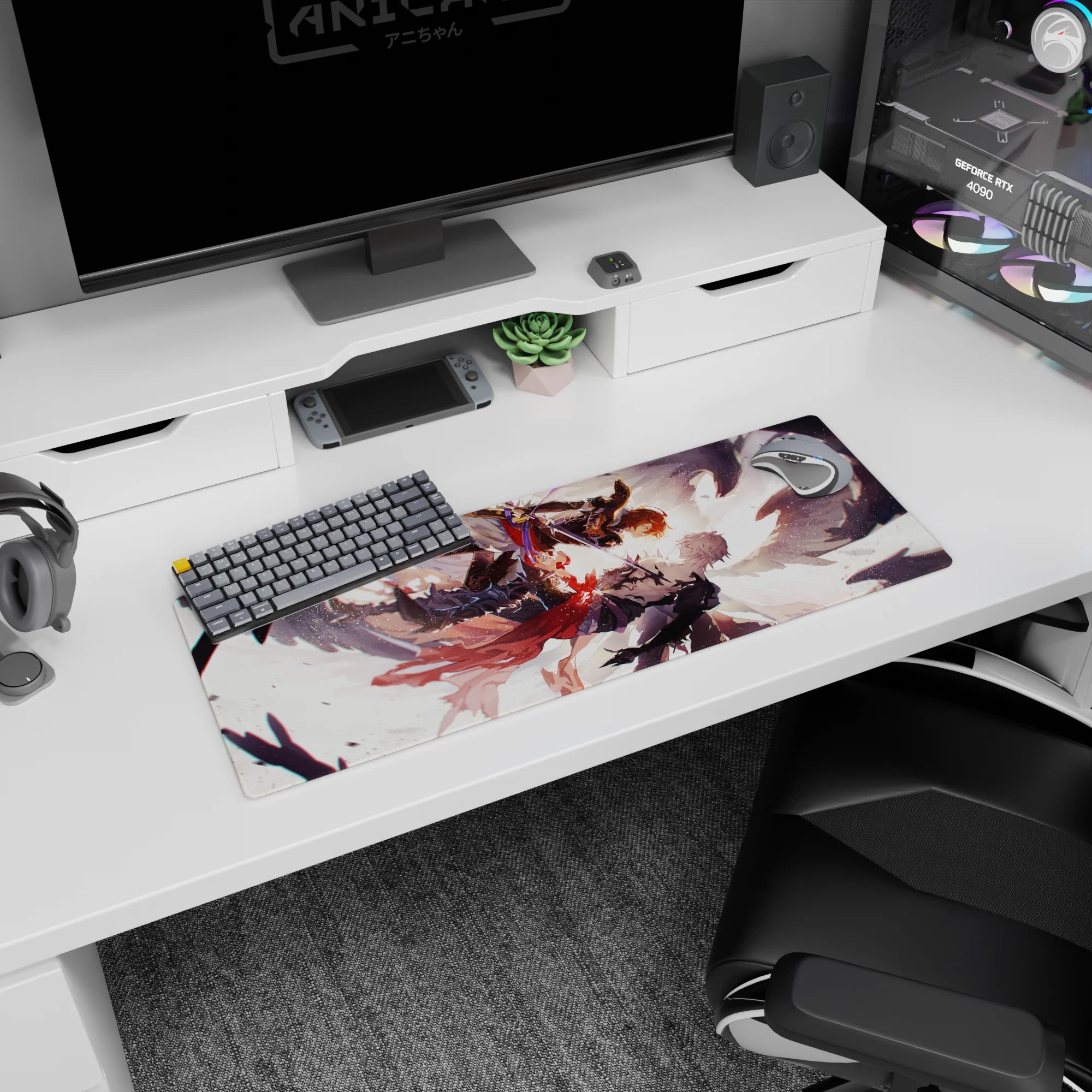 Anime mouse pad 32x12 inches showing orange-haired fighter vs silver-haired rival, blades crossed in air.