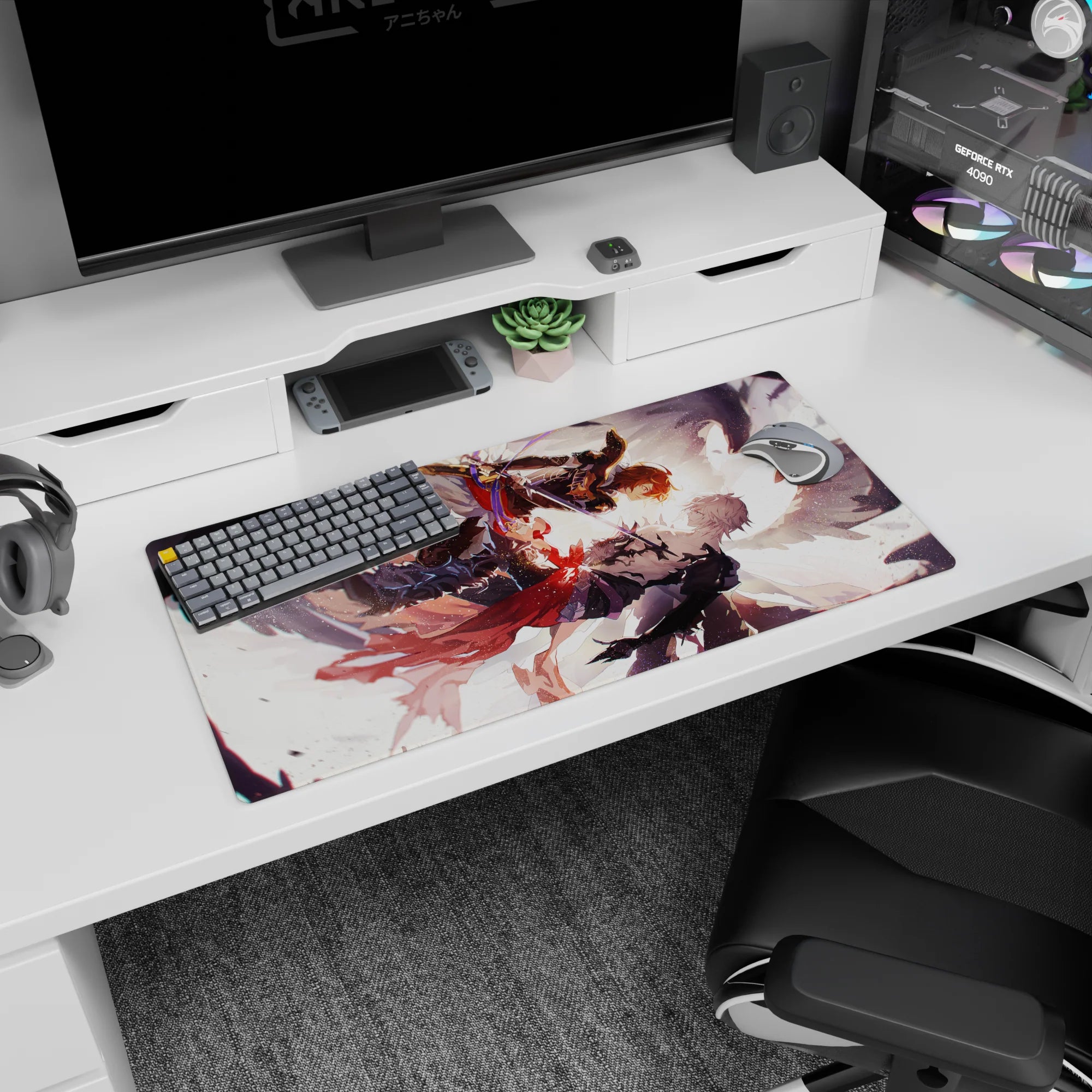 32x16 inches anime mouse pad of orange-haired fighter clashing blades with calm silver-haired rival in midair.