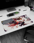 32x16 inches anime mouse pad of orange-haired fighter clashing blades with calm silver-haired rival in midair.