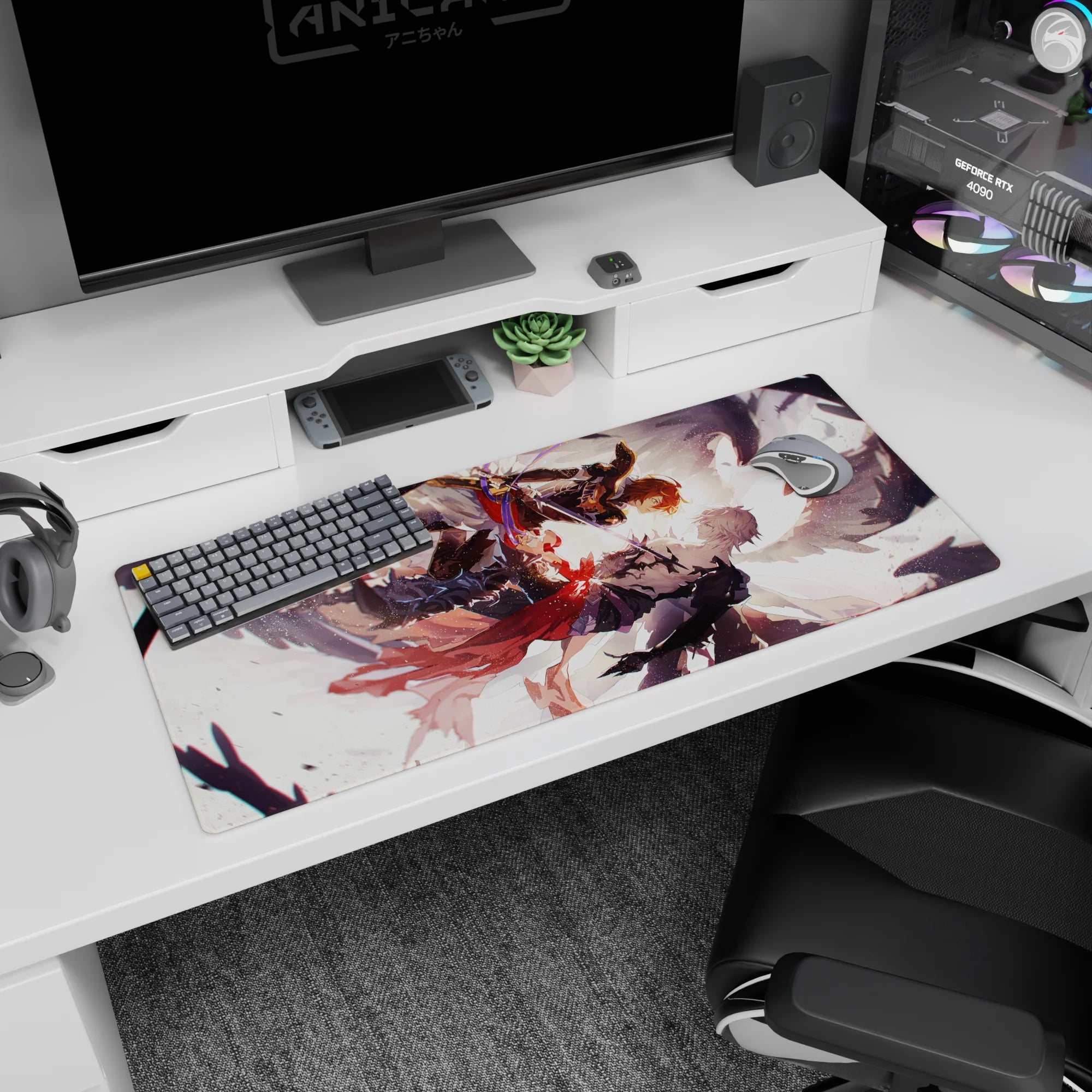 36x16 inches anime desk pad showing orange-haired fighter vs silver-haired rival, blades crossed mid-air.