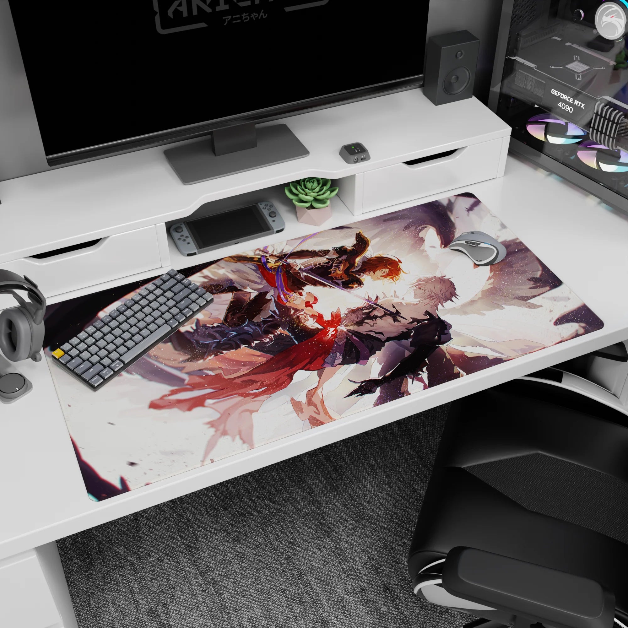 40x20 inches anime desk pad showing orange-haired fighter vs silver-haired rival, blades crossed midair.