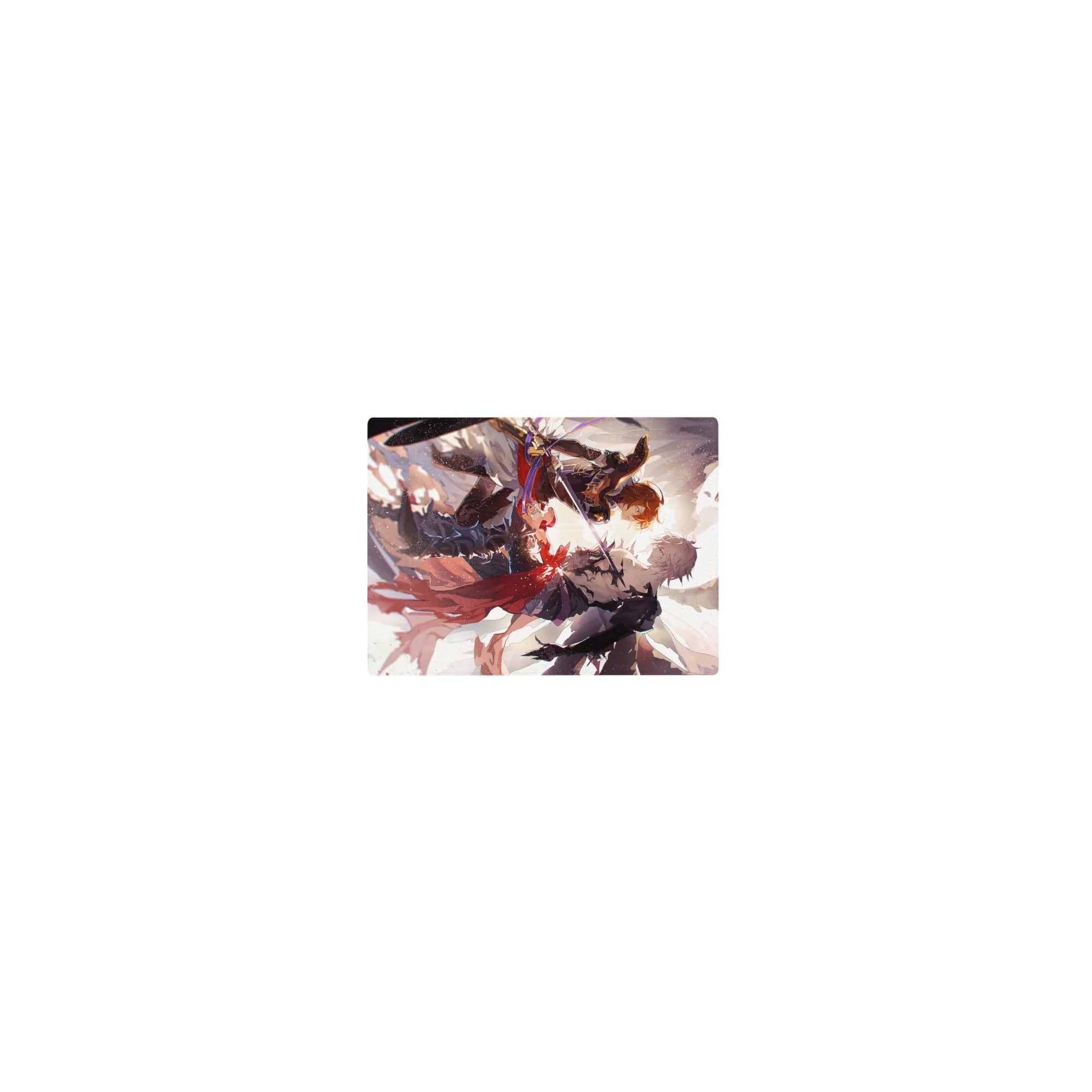 Classic anime mouse pad 14x10 inches with frozen mid-air duel, crossed blades, capes, wings, and ink-splash grit.