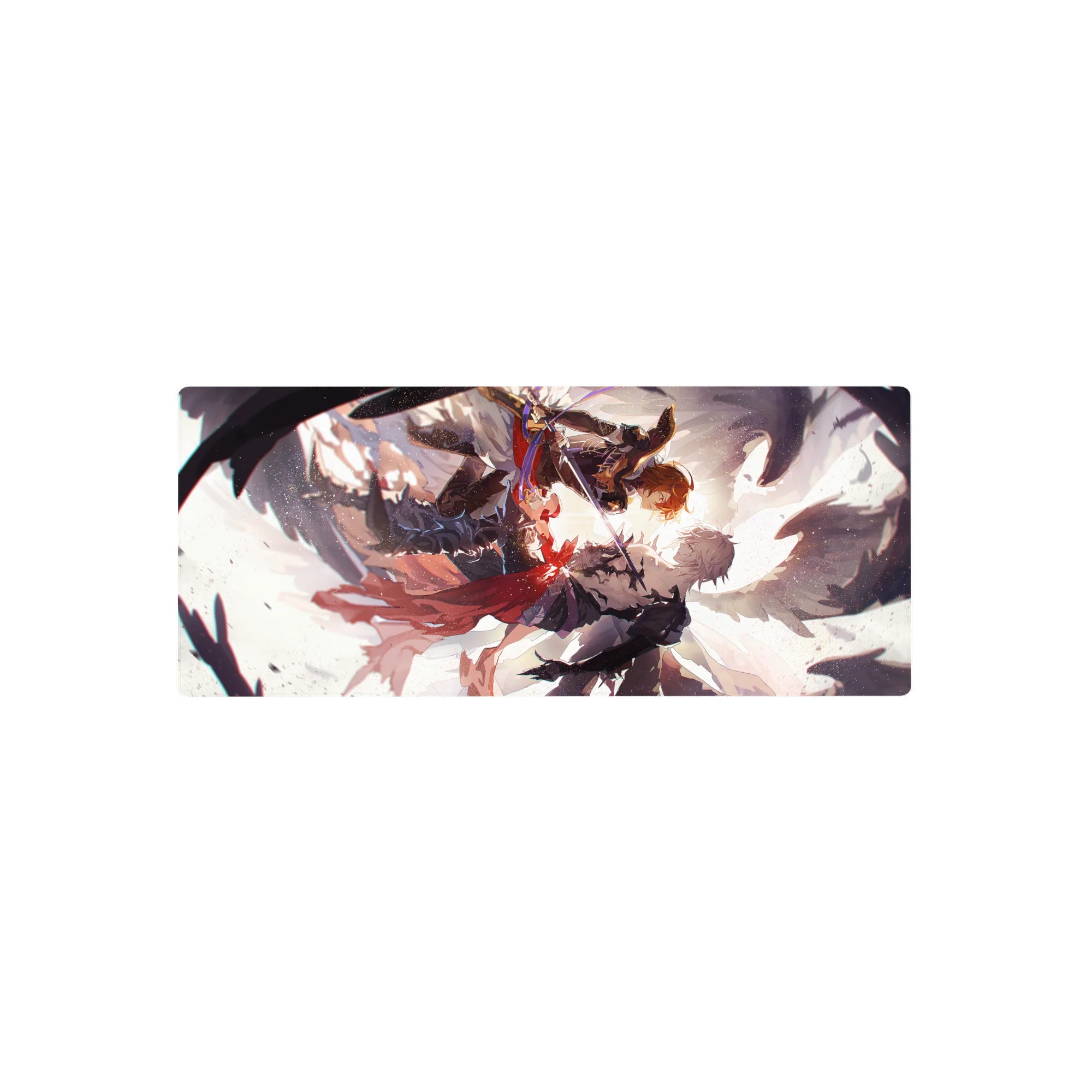 28x12 inches anime mouse pad with mid-air sword duel, wings, capes, and ink-splash action scene.