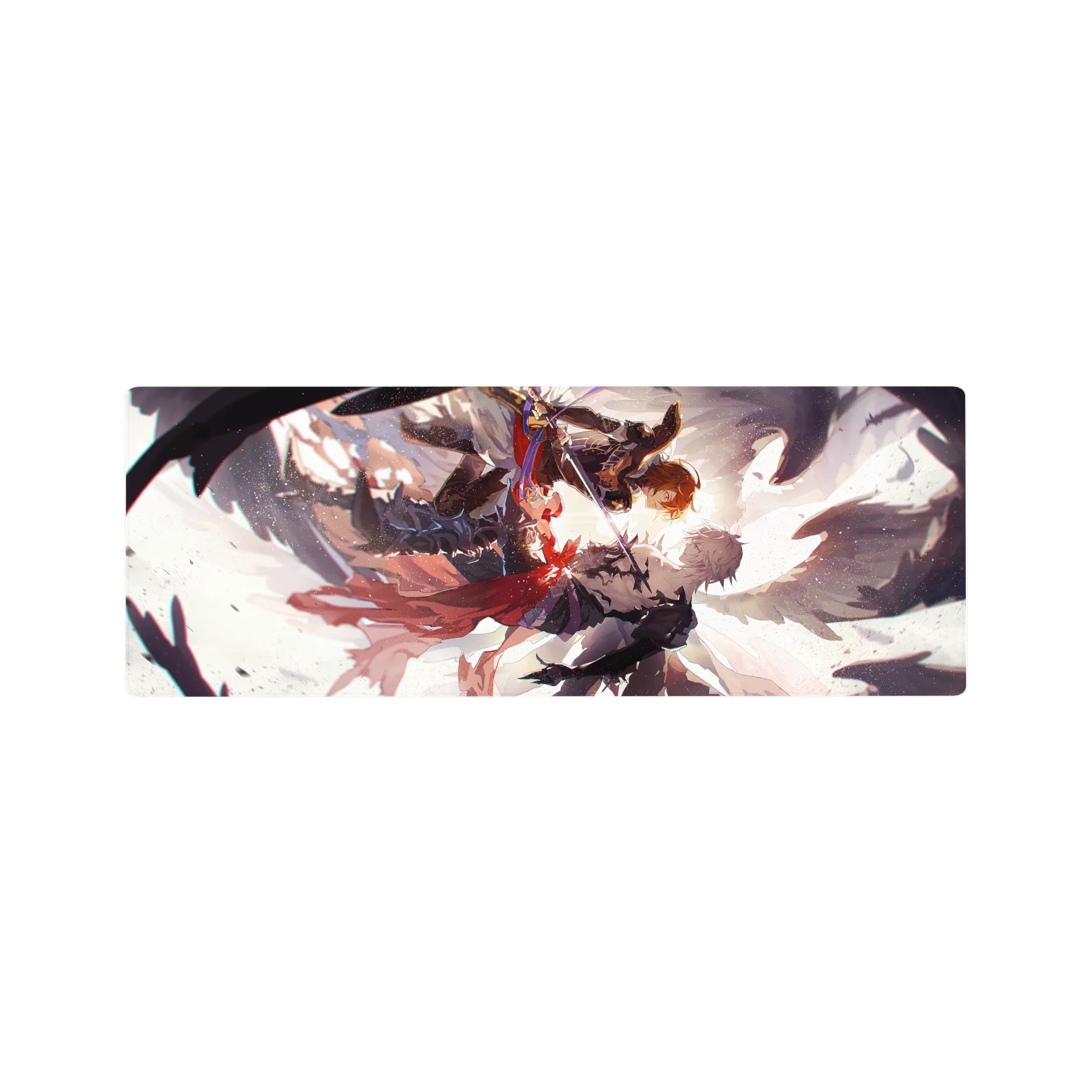 Anime mouse pad 32x12 inches with mid-air sword duel, capes and wings, ink-splash action art.