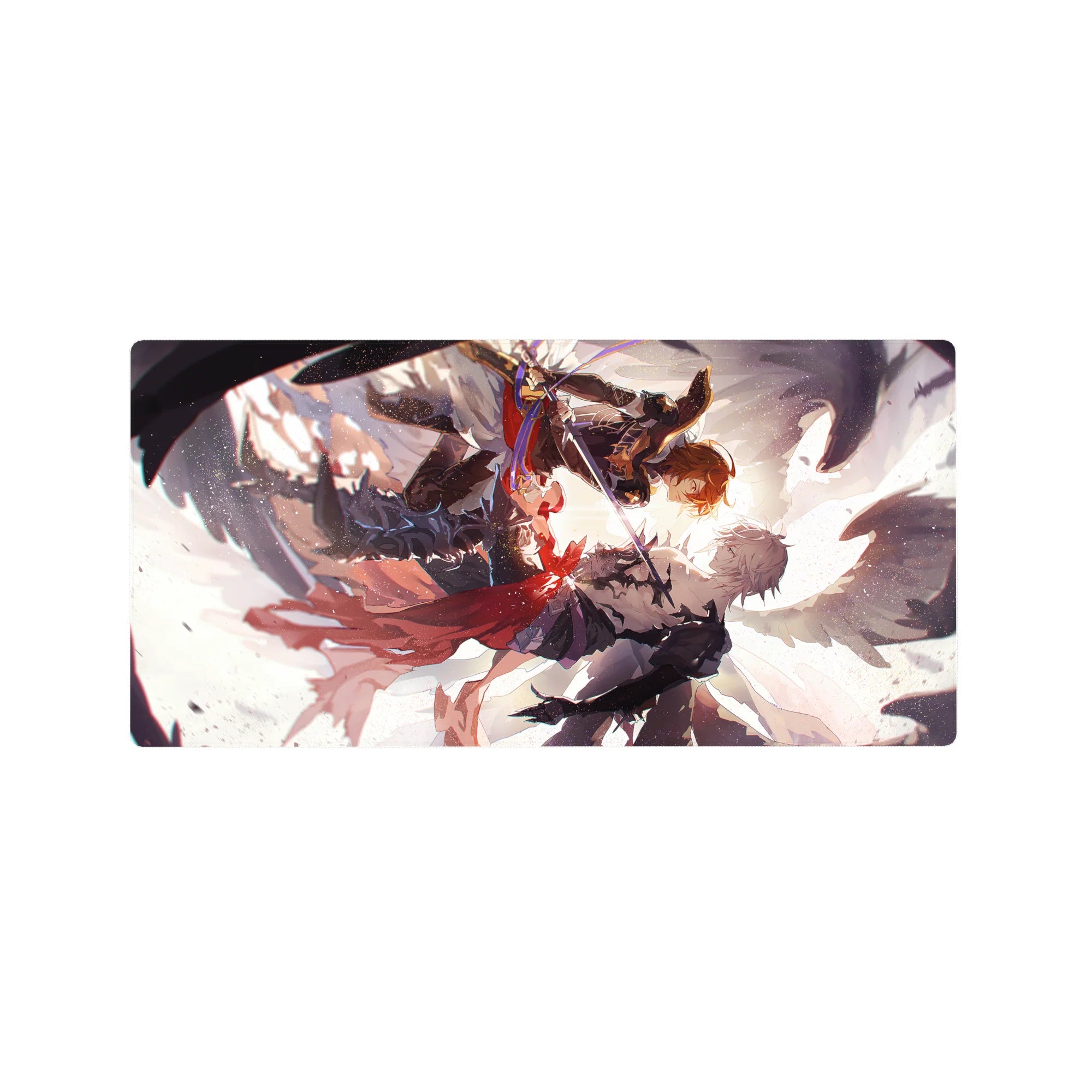 Anime mouse pad 32x16 inches featuring a frozen mid-air sword duel with wings, capes, and ink-splash art.