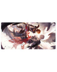 Anime mouse pad 32x16 inches featuring a frozen mid-air sword duel with wings, capes, and ink-splash art.