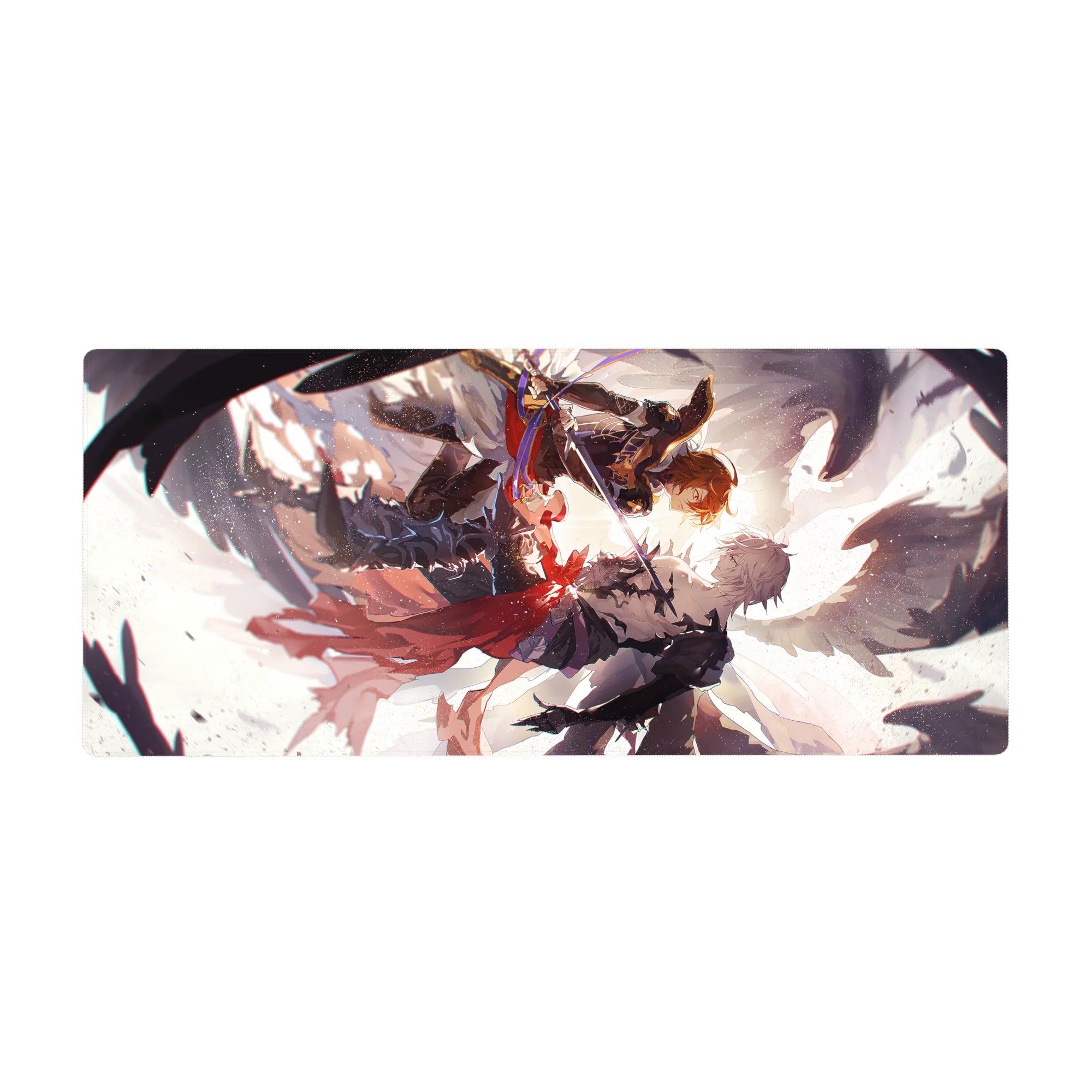 36x16 inches anime desk pad with mid-air sword duel, wings and capes, ink-splash action art.