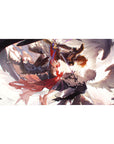 Anime desk pad 40x20 inches with mid-air sword duel, capes, feathers, wings, and ink-splash effects.