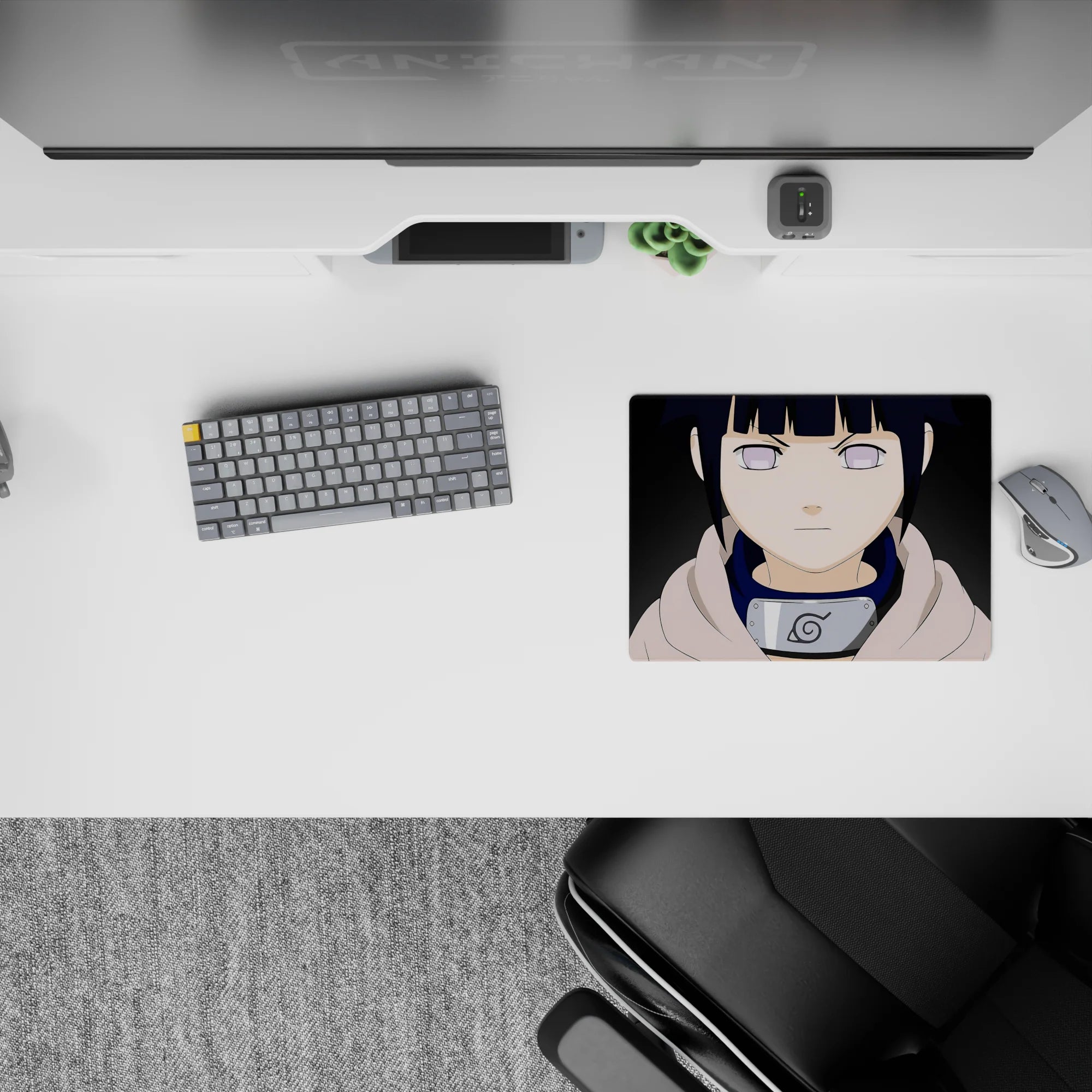 Cozy, calm mood anime mouse pad 14x10 inches in navy and lavender, soft hoodie look and safe vibe.