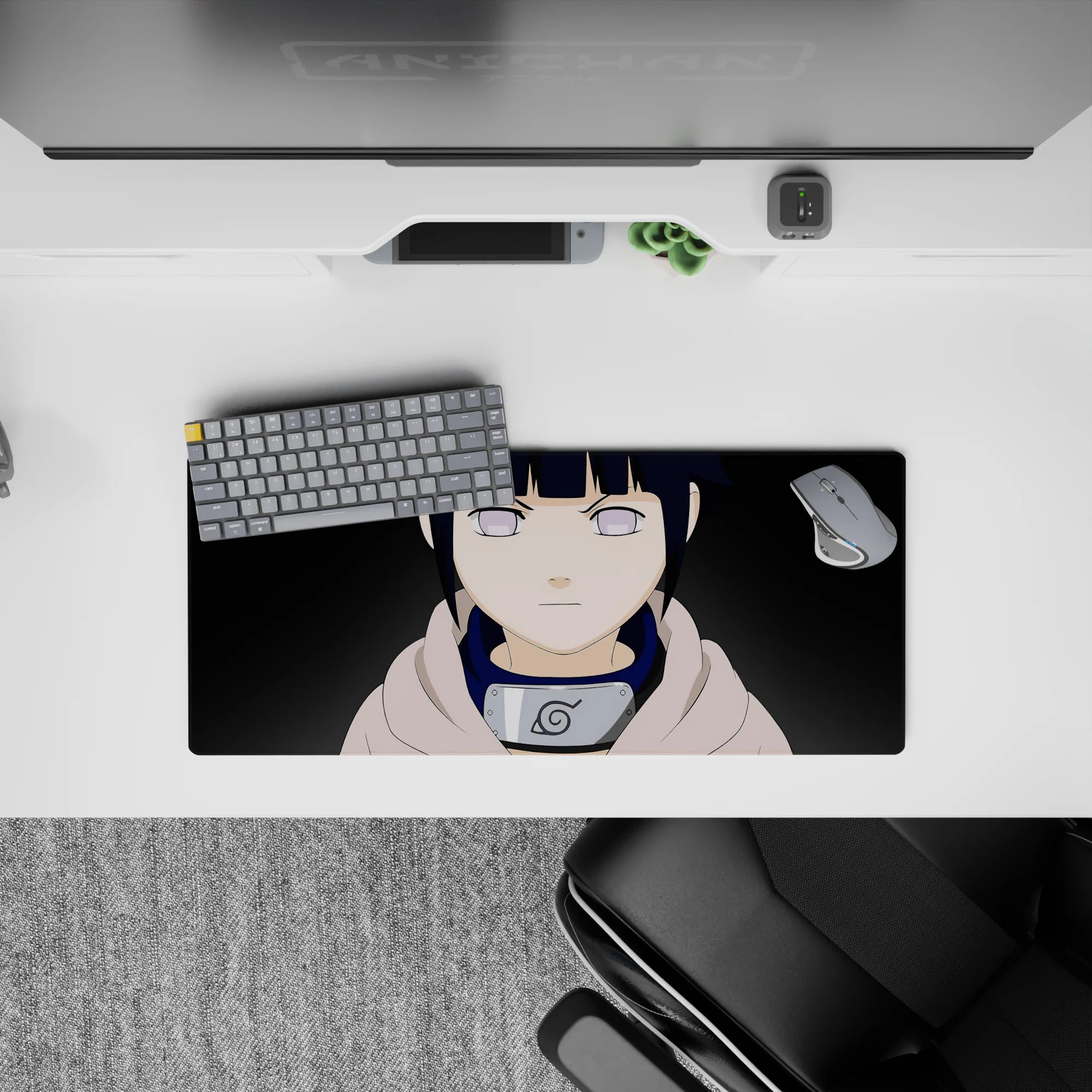 28x12 inches anime mouse pad in deep navy and pale lavender tones, calm serious vibe, cozy hoodie.